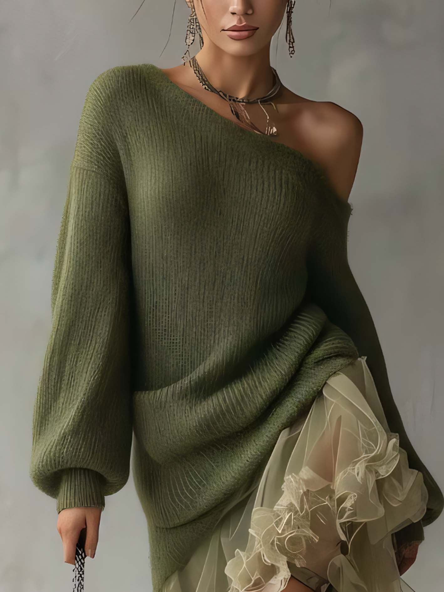 One Shoulder Green Knit Midi Dress With Organza Ruffle Hem