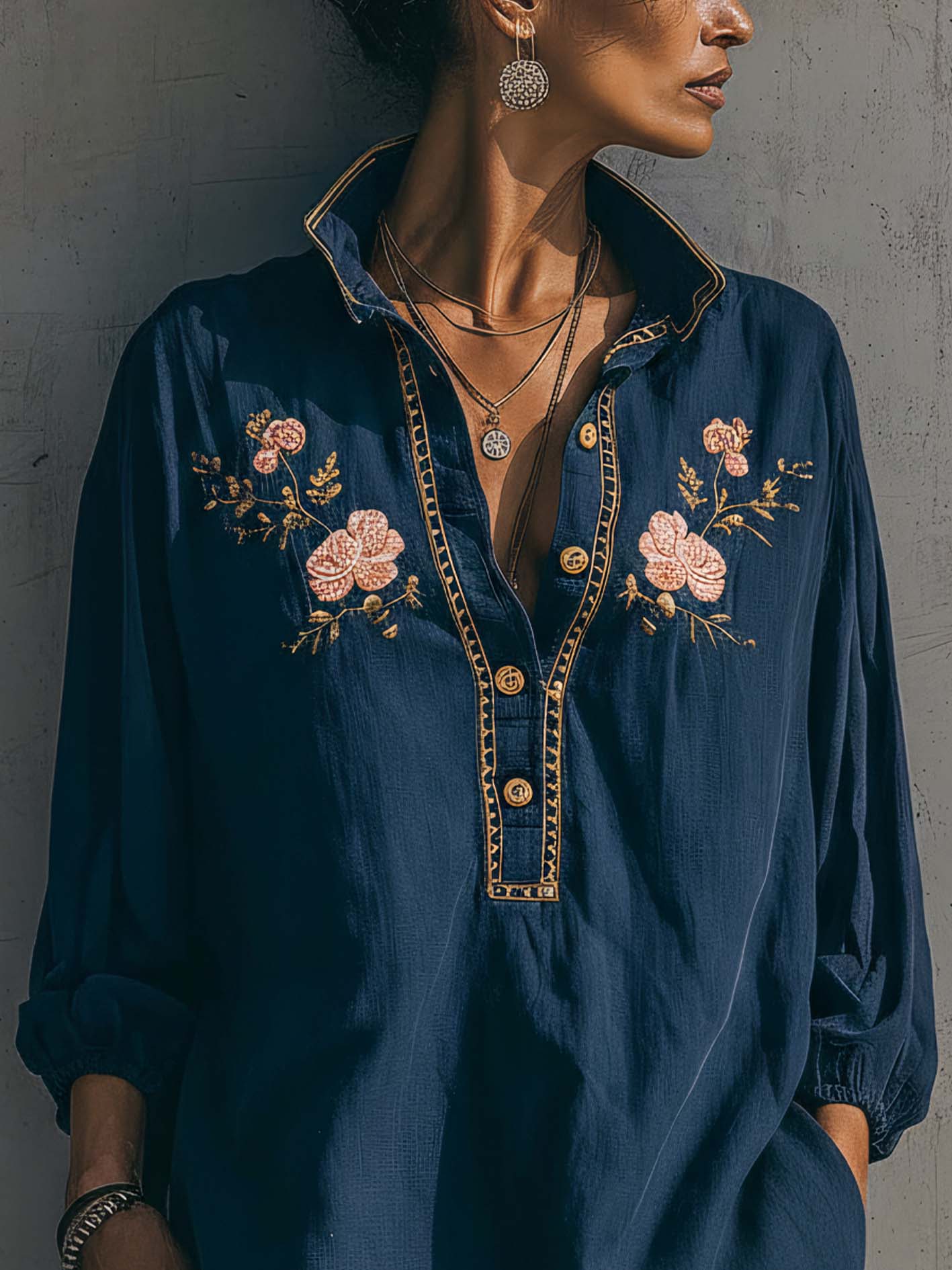 Navy Blue Cotton Linen Floral Embroidered Collared Mini Dress