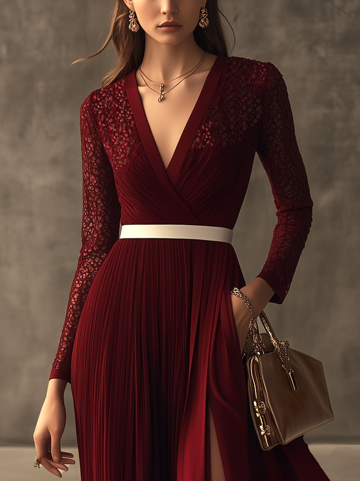 Red Lace Panel Pleated Slit V-Neck Long Sleeve Maxi Dress