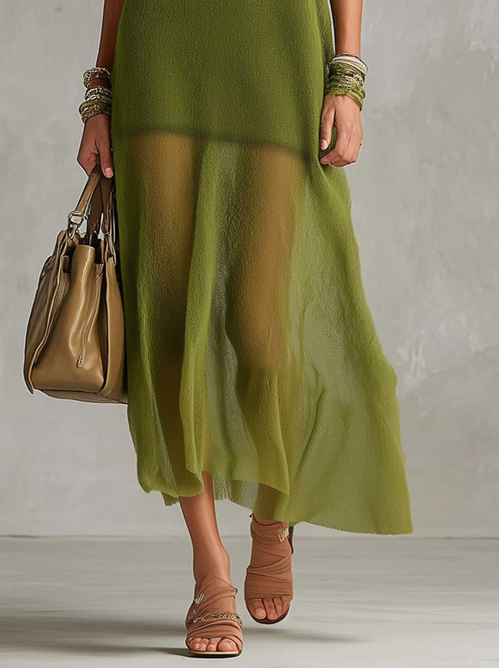 Olive Green Sheer High-Neck Sleeveless Maxi Dress