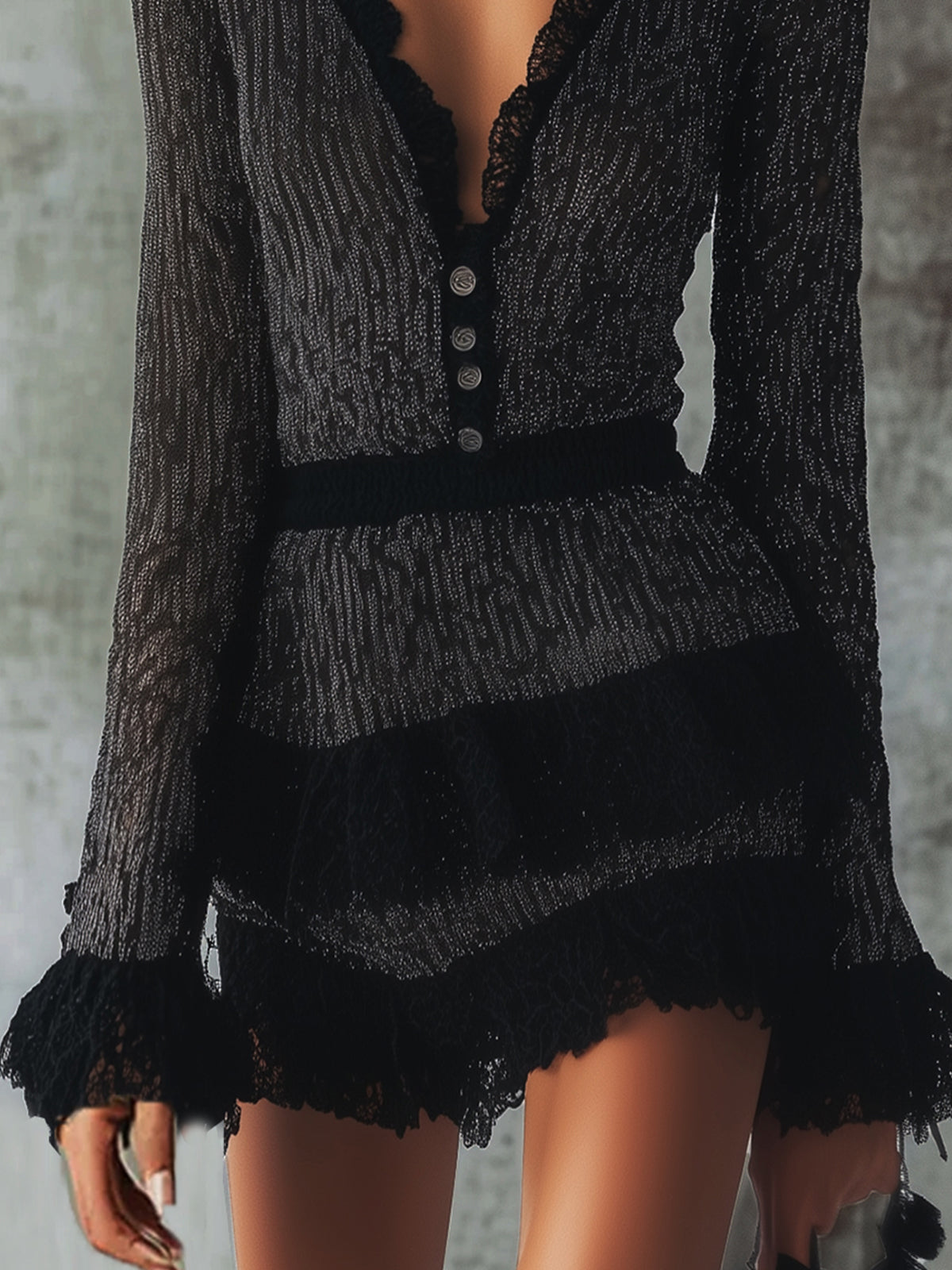 Black Lace Print V-neck Mini Dress