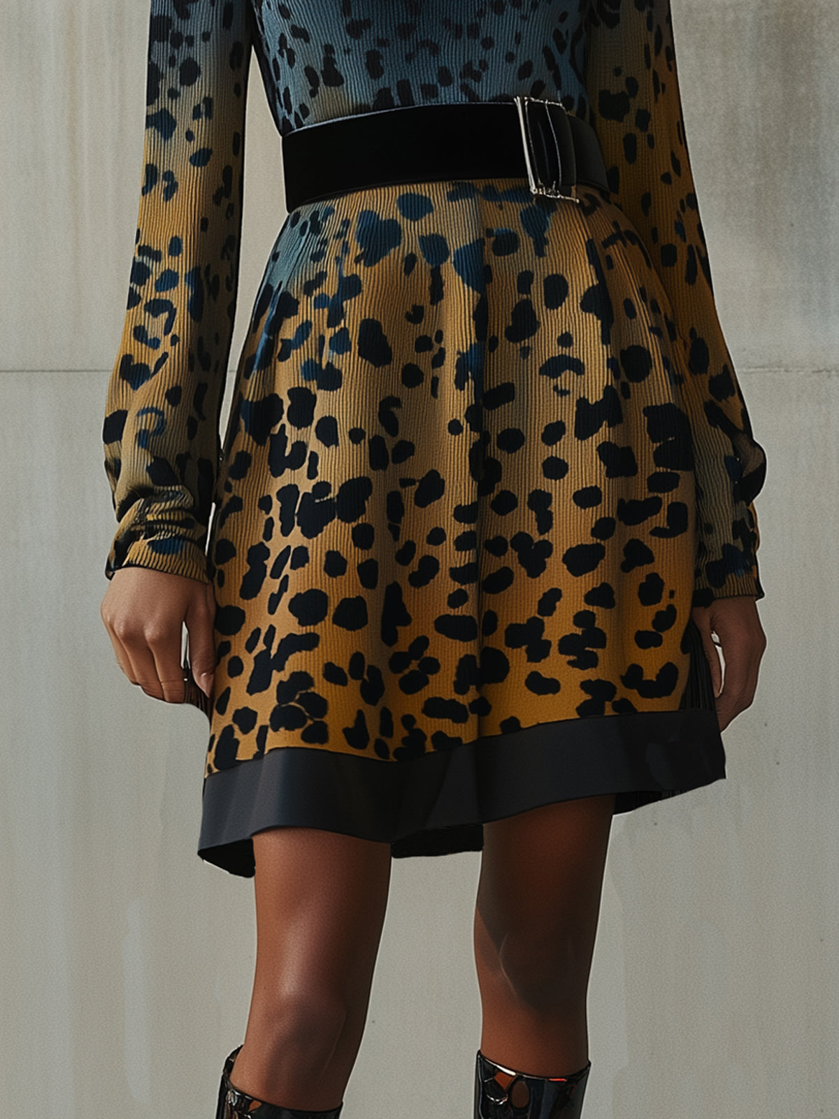 Blue And Yellow Leopard Print Pleated Waist Boat Neck Long Sleeve Mini Dress