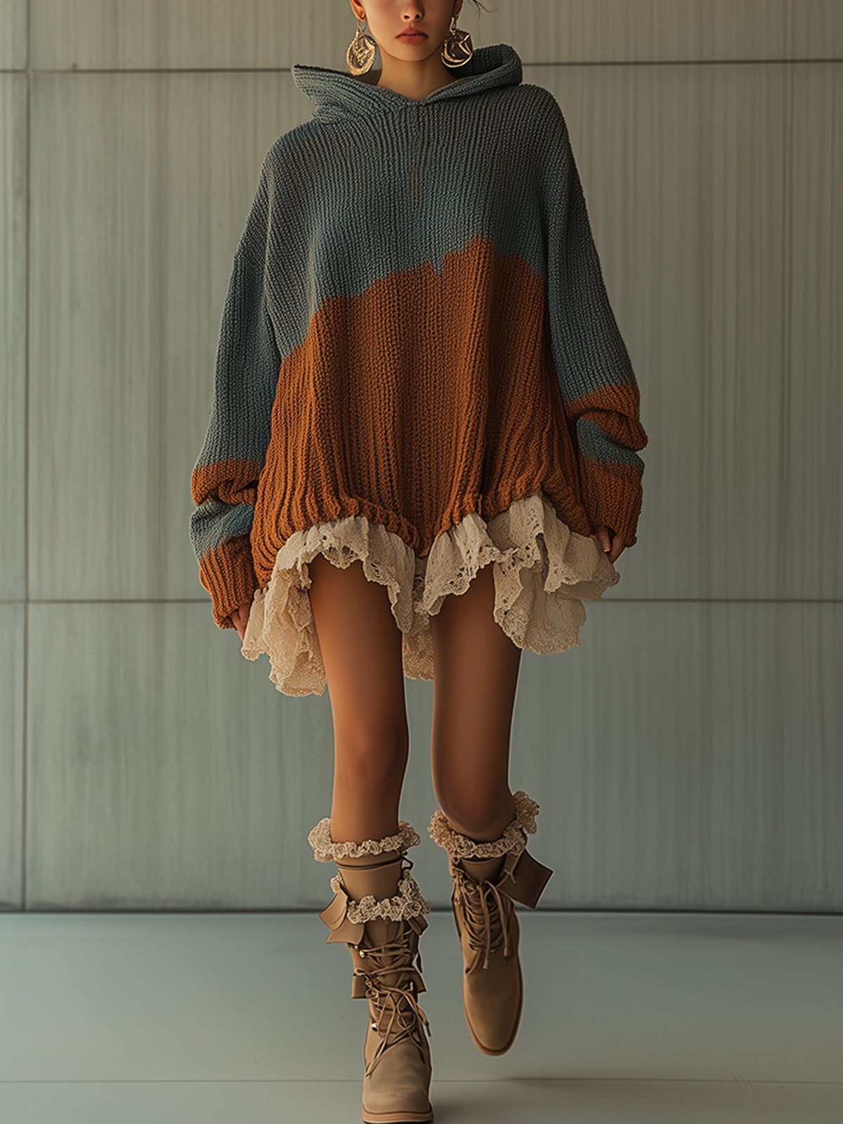 Two Tone Knit Lace Trim Hoodie Dress