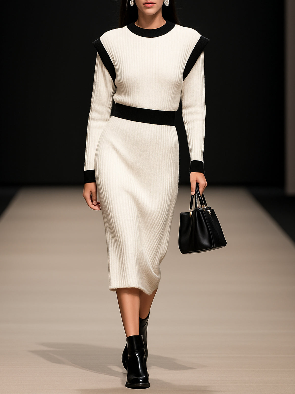 White Ribbed Knit Midi Dress With Black Accents And Shoulder Detail