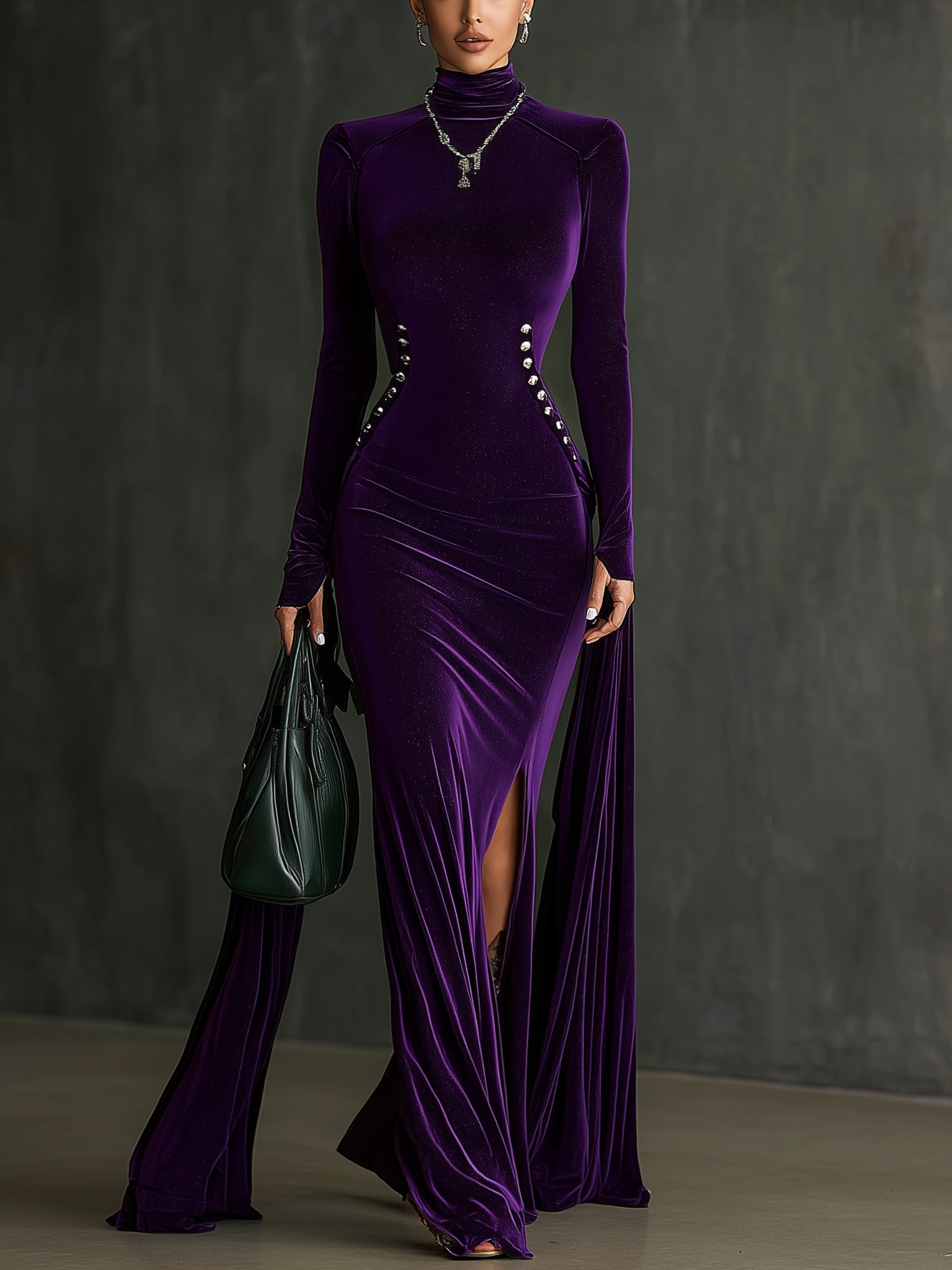 Purple Velvet Turtleneck Long Sleeve Maxi Dress