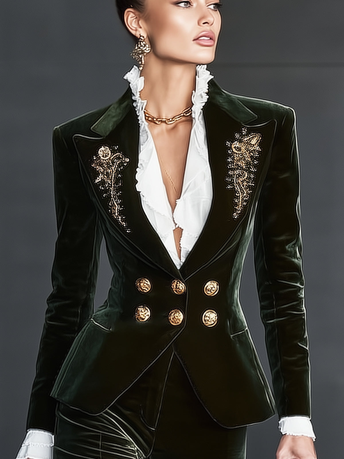 Emerald Vintage Velvet Embroidered Double Breasted Blazer