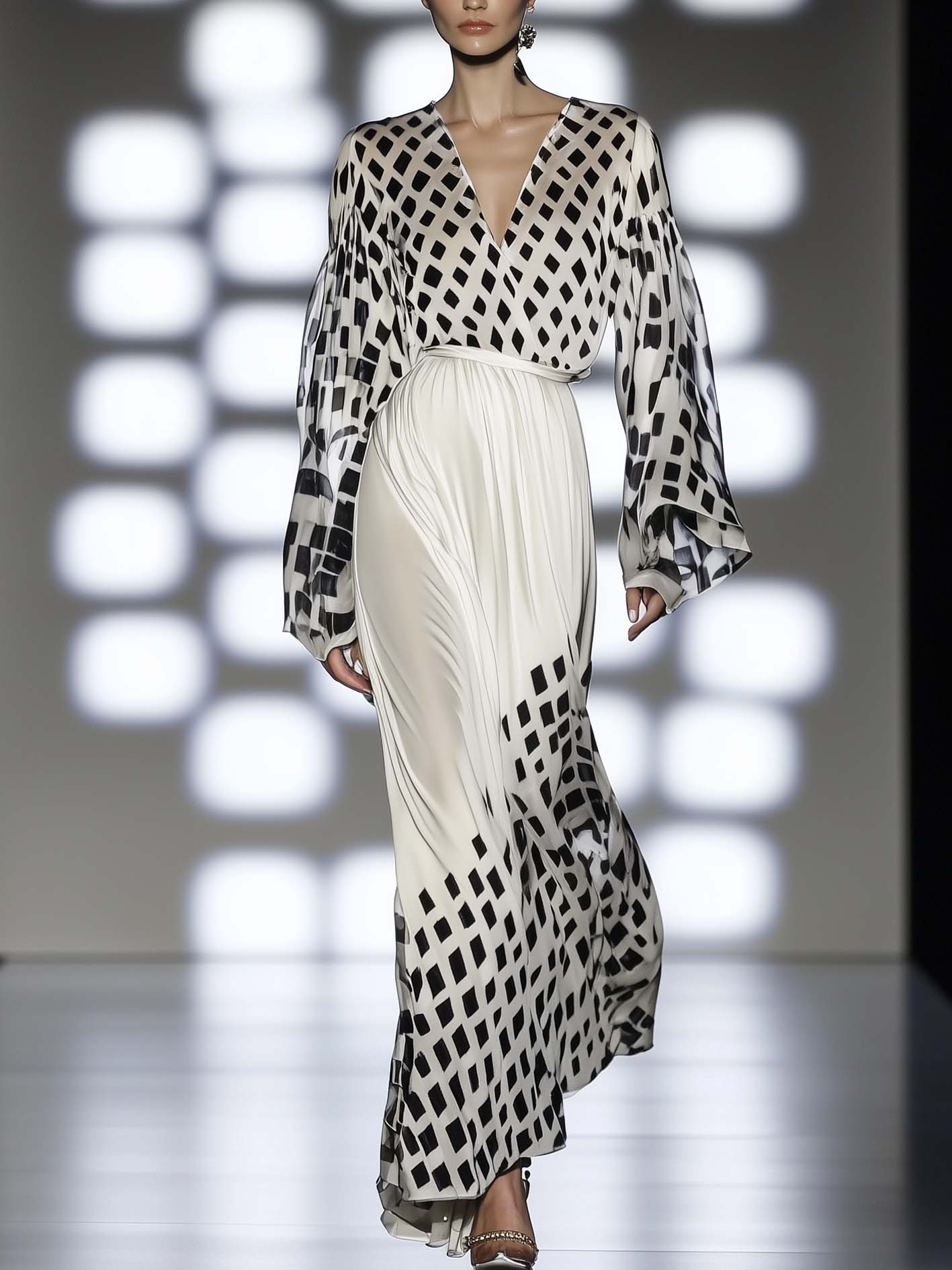White Satin Maxi Dress With Check Print