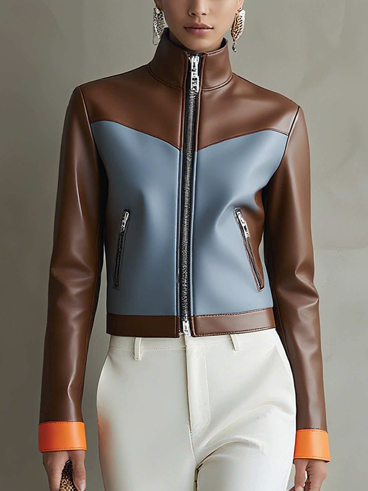 Faux Leather Zip Up Jacket With Orange Cuffs
