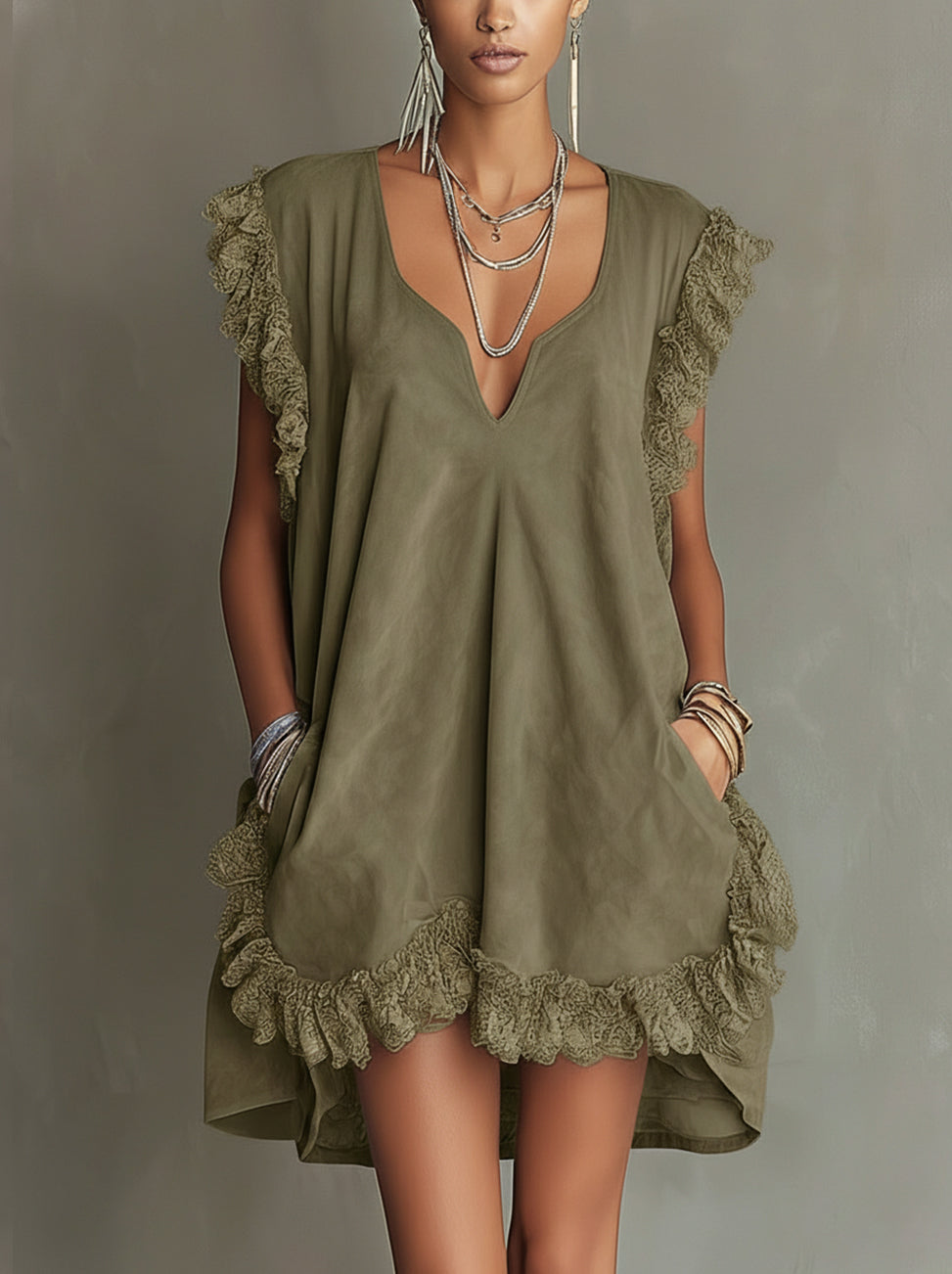 Green Faux Suede Mini Dress With Lace Trim And Relaxed A-Line Silhouette