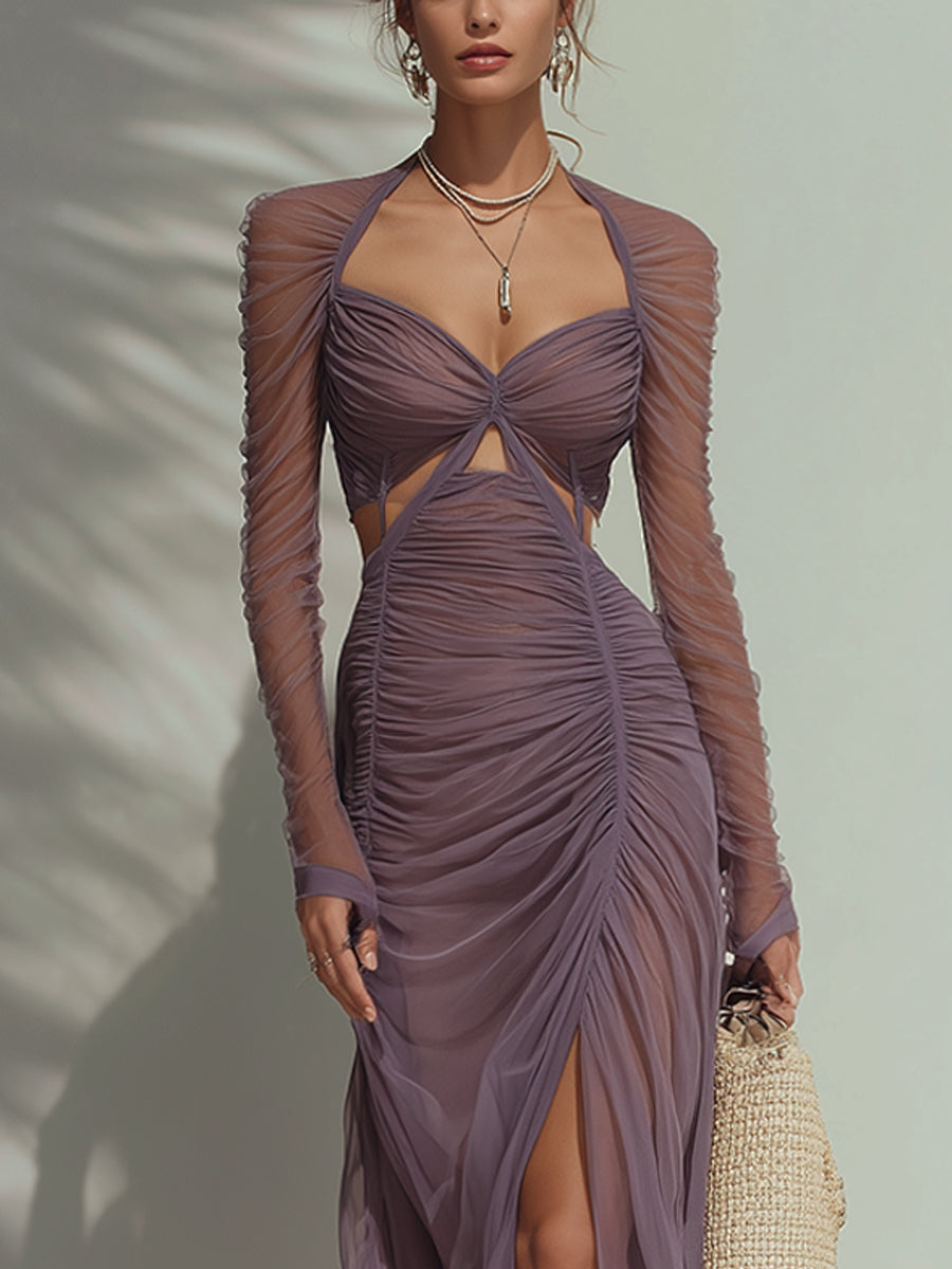 Purple Long Sleeve Chiffon Ruched Maxi Dress
