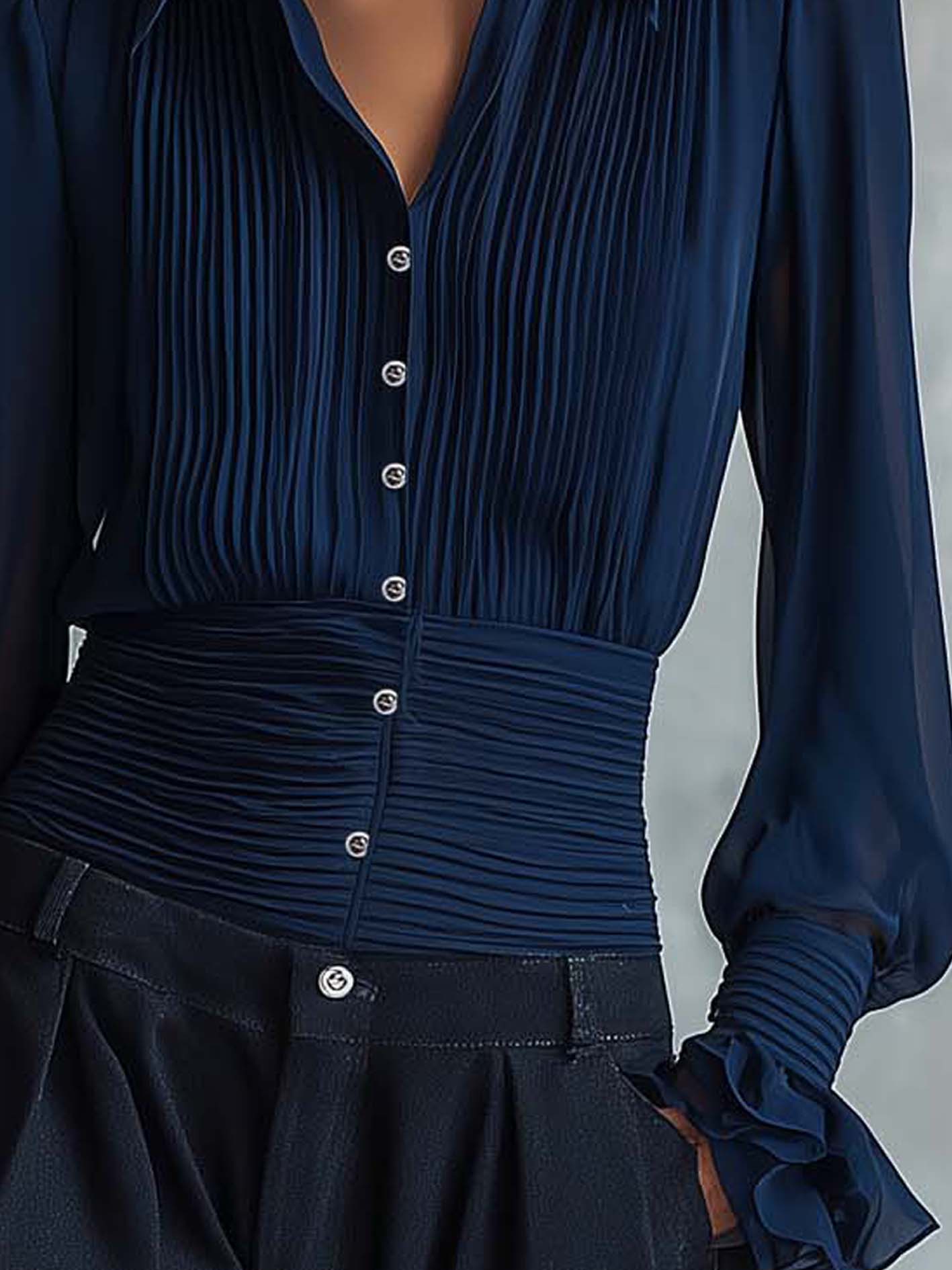 Navy Pleated Button-Up Blouse With Ruffled Cuff Sleeves
