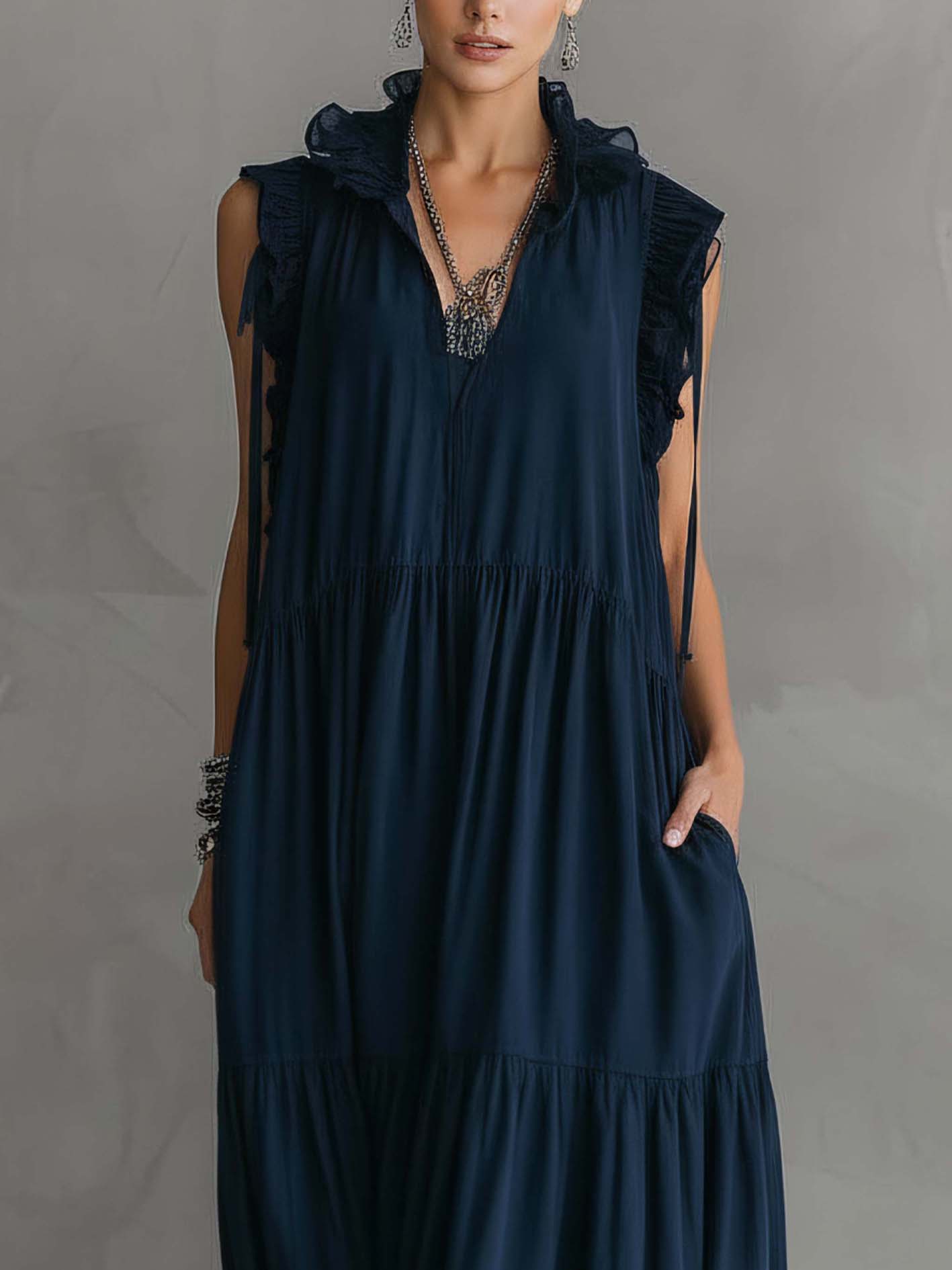Navy Blue Cotton Linen Sleeveless Maxi Dress With Ruffled Chiffon Collar