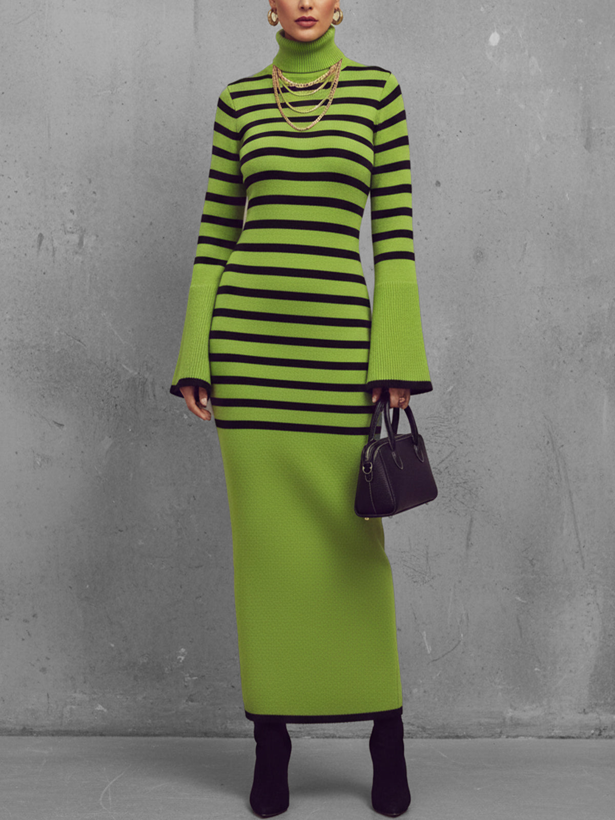 Green And Black Striped Turtleneck Maxi Dress With Bell Sleeves