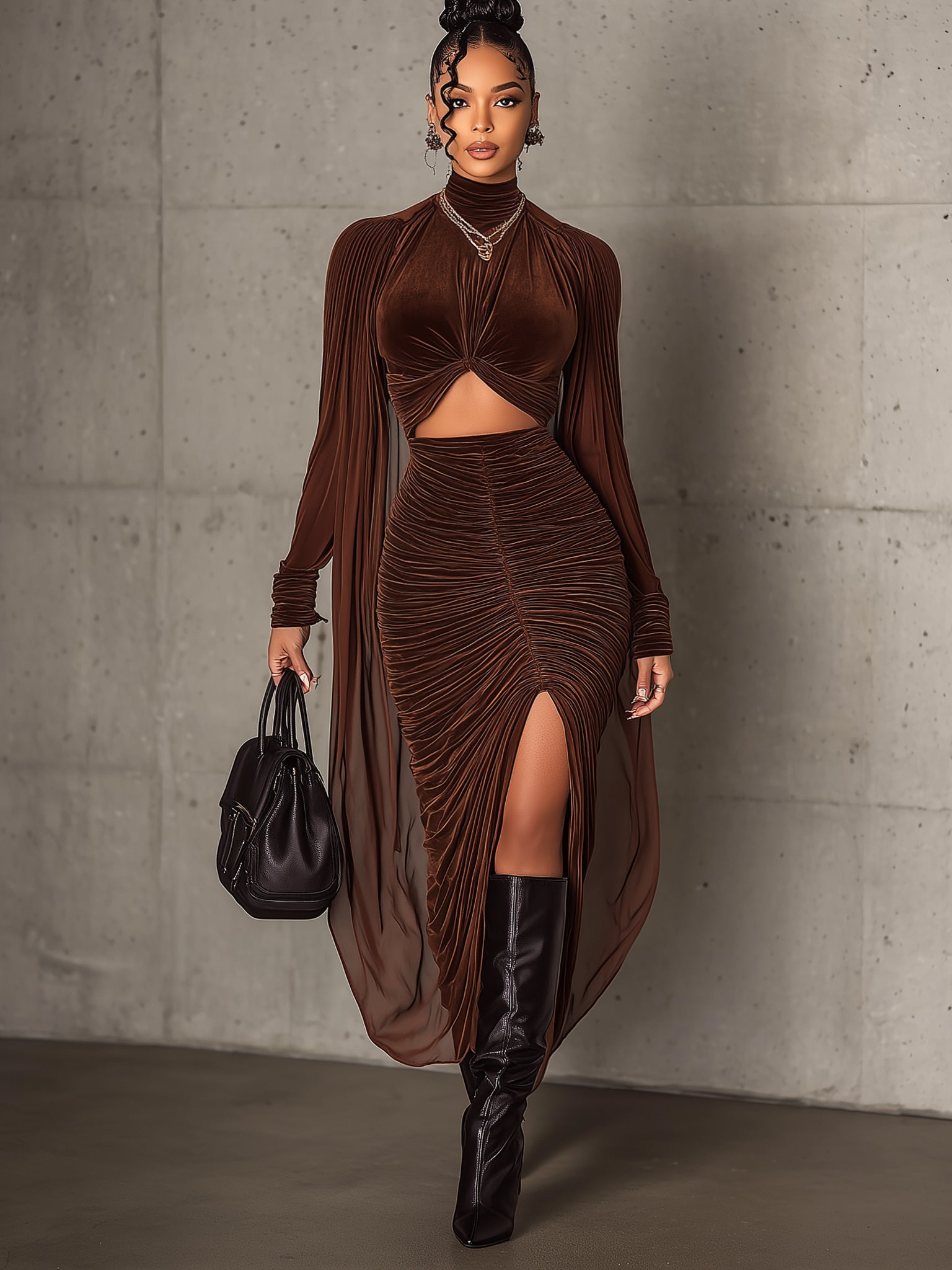 Brown Velvet Chiffon Sleeve Bodycon Dress