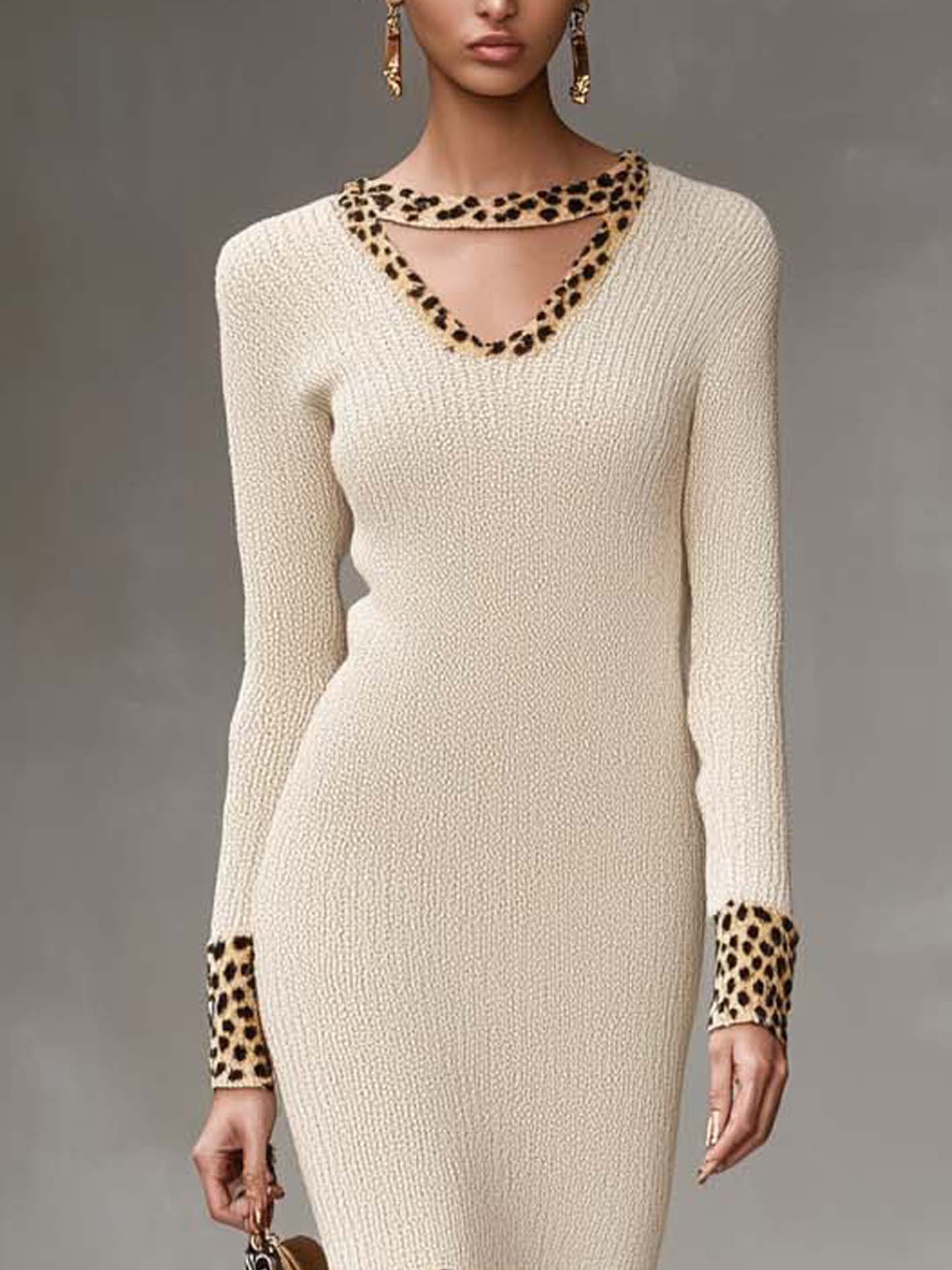 Off-white Knitted Midi Bodycon Dress With Leopard Print And Hollow Neckline