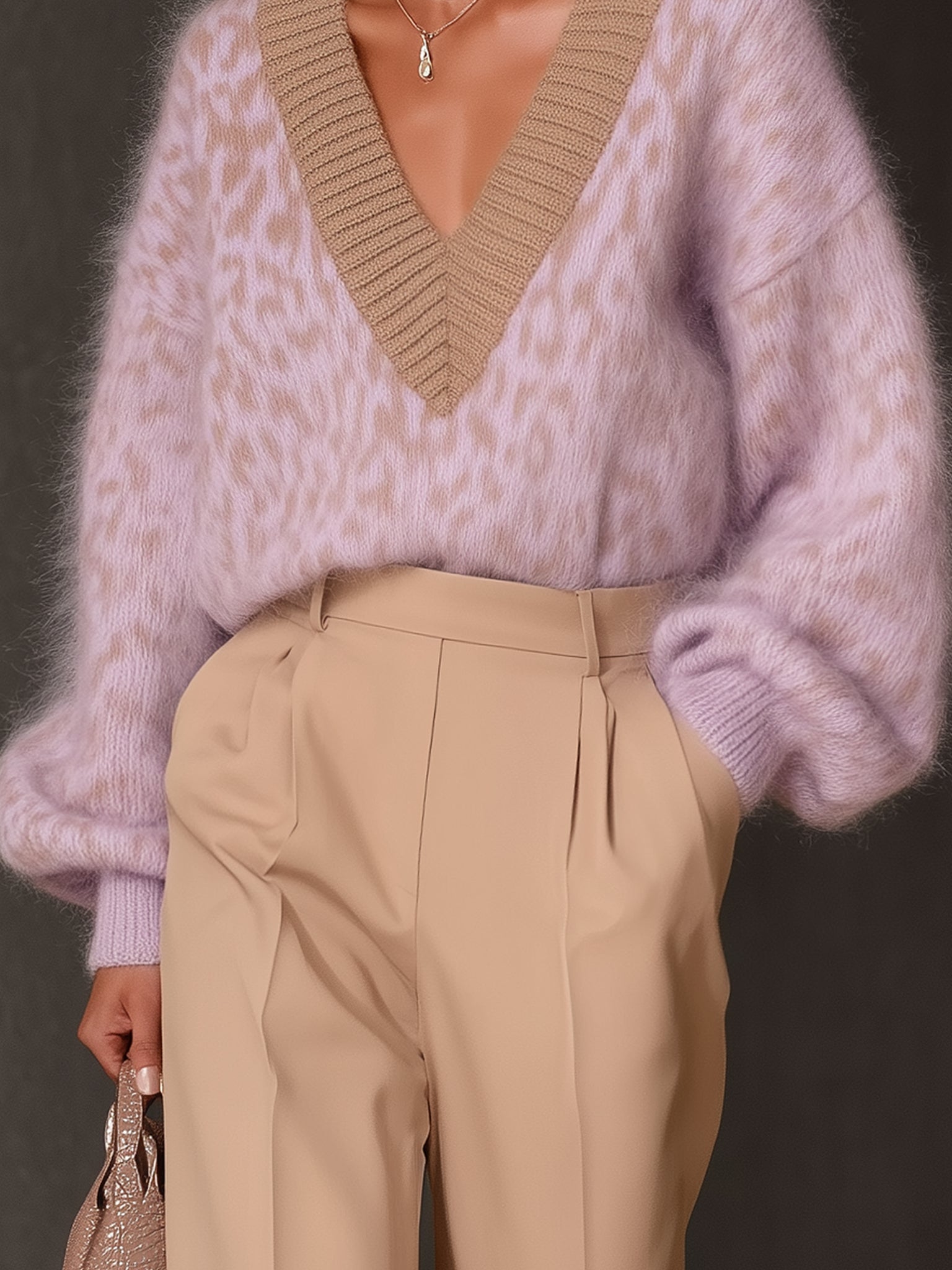 Lilac Leopard Print Mohair V-Neck Pullover