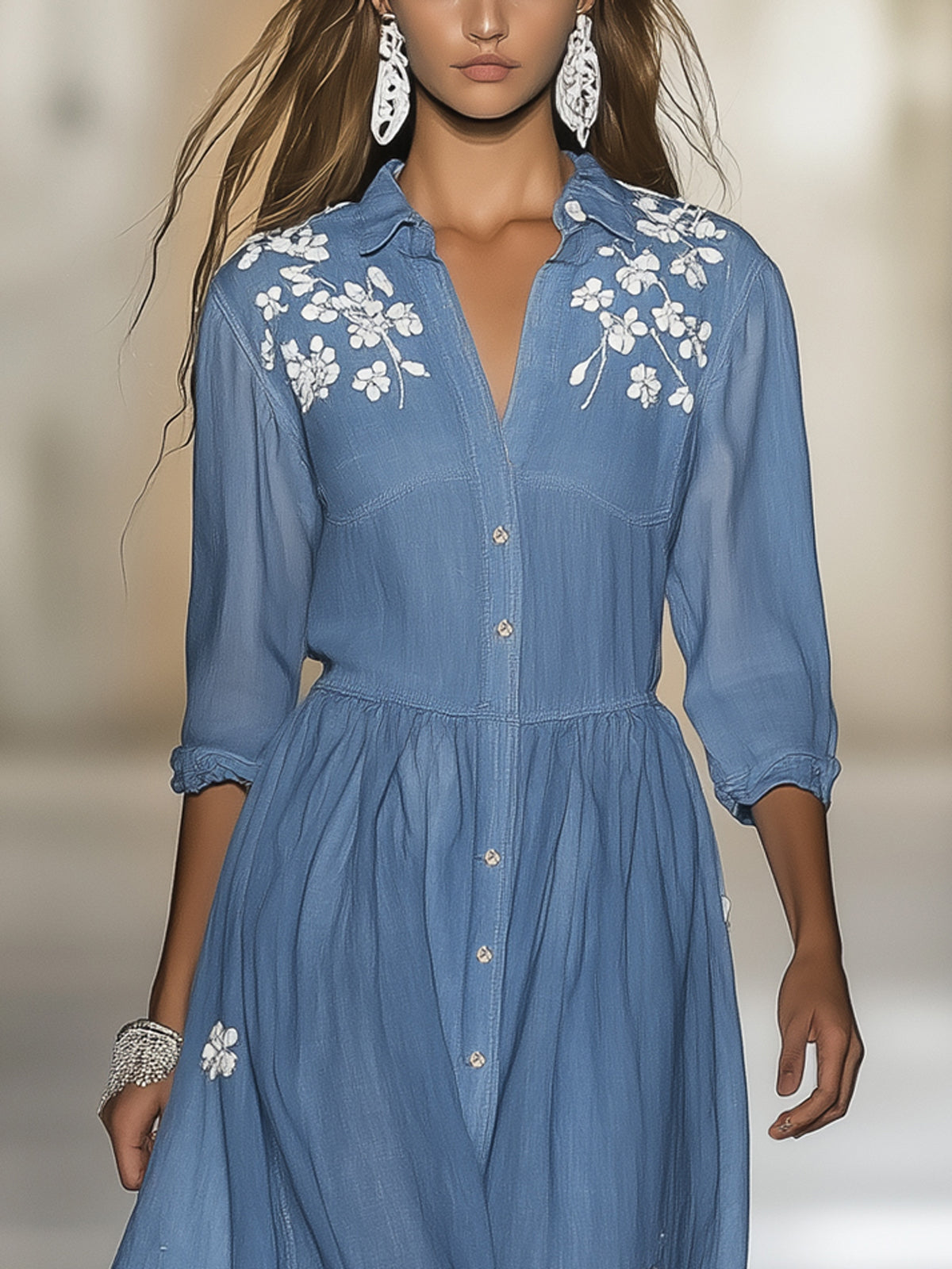 Blue Cotton Floral Embroidered Scalloped Collar 3/4 Sleeve Midi Dress