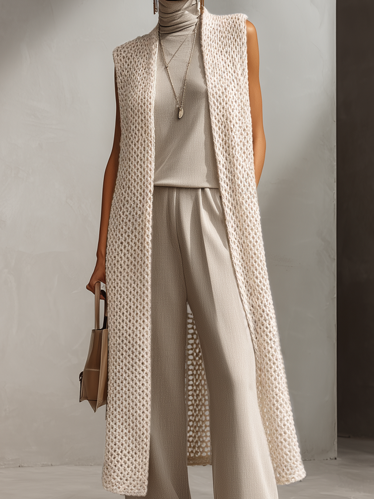 Taupe Knit-Texture Three-Piece Set – Turtleneck Top, Wide-Leg Pants & Long Vest