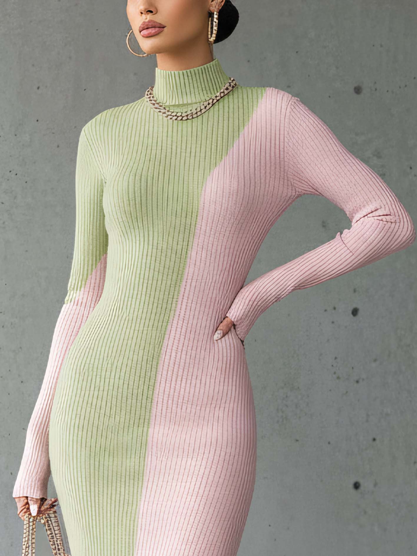 Colorblock High Neck Ribbed Knit Bodycon Dress With Side Slit