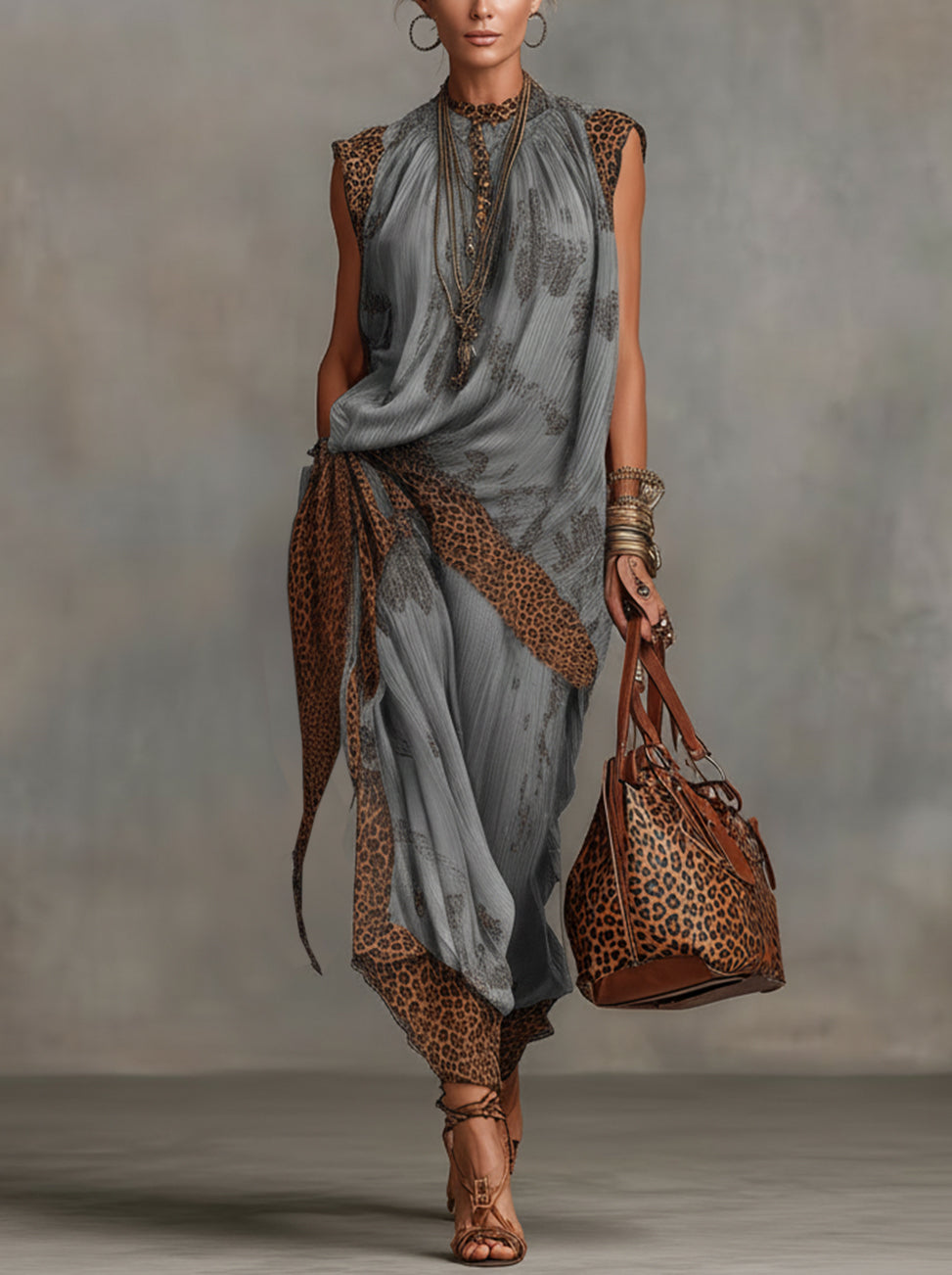 Gray And Leopard Print Layered Two-Piece Set