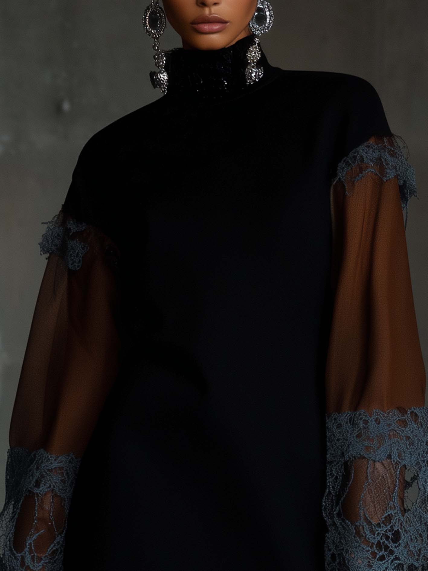 Black Faux Suede Mini Dress With Lace And Paneled Sleeves