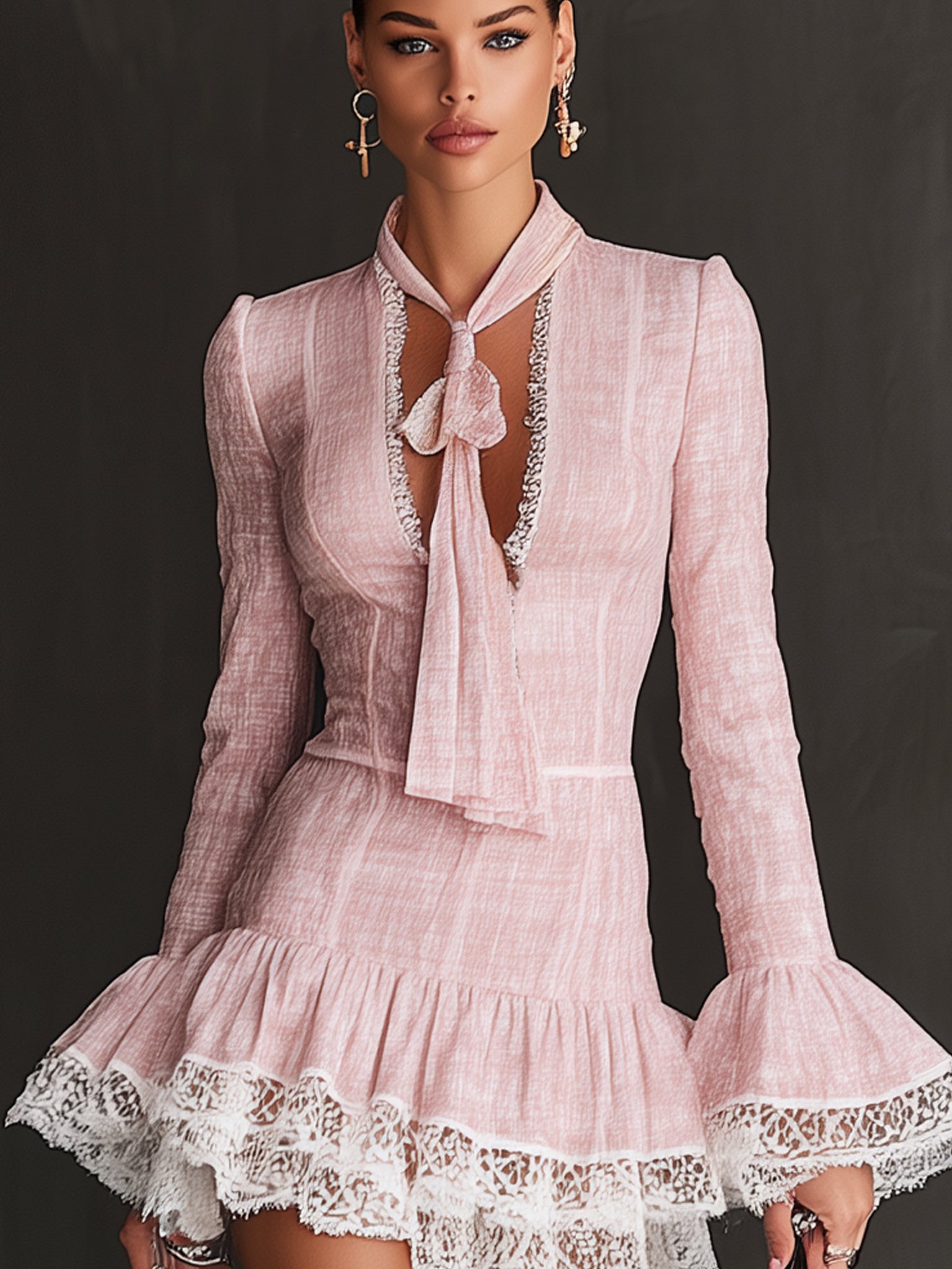 Blush Tweed Lace Trimmed Long Sleeve Mini Dress