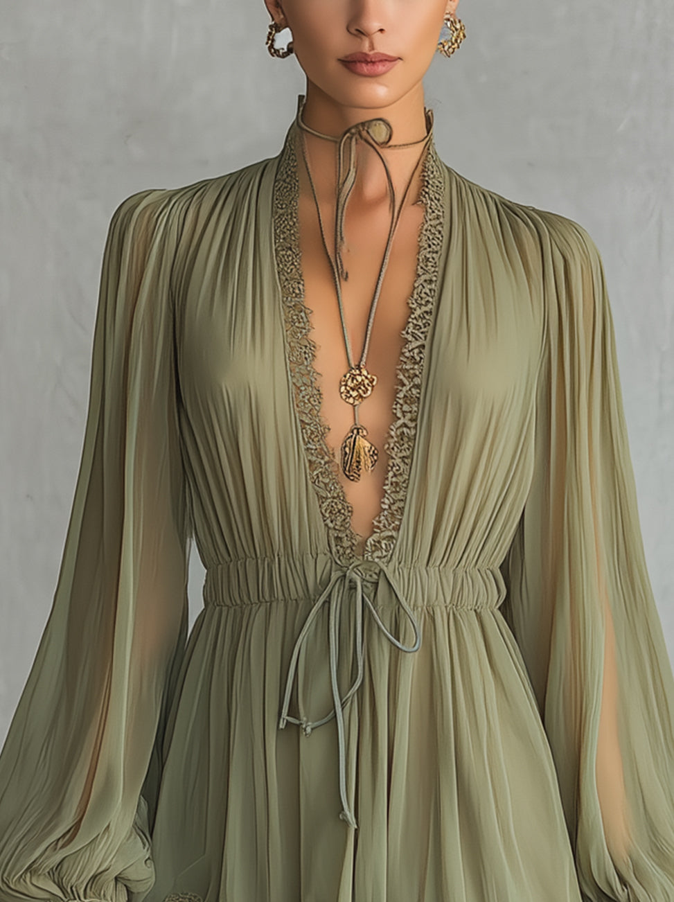 Green Deep V-Neck Lace Trim Chiffon Mini Dress