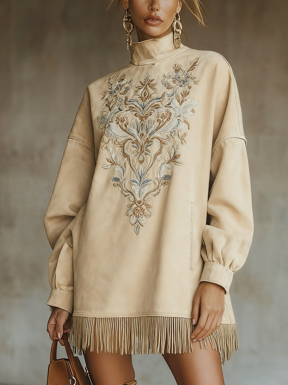 Beige Faux Suede Embroidered Mini Dress With Fringe Hem