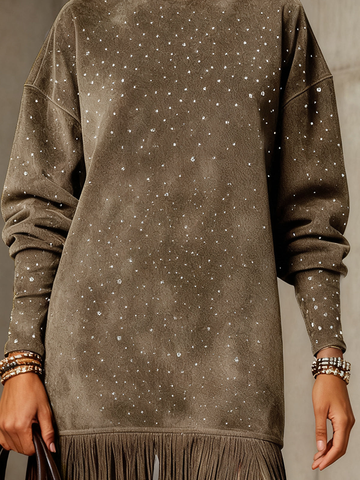 Gray Faux  Suede Turtleneck Dress With Fringe Hem