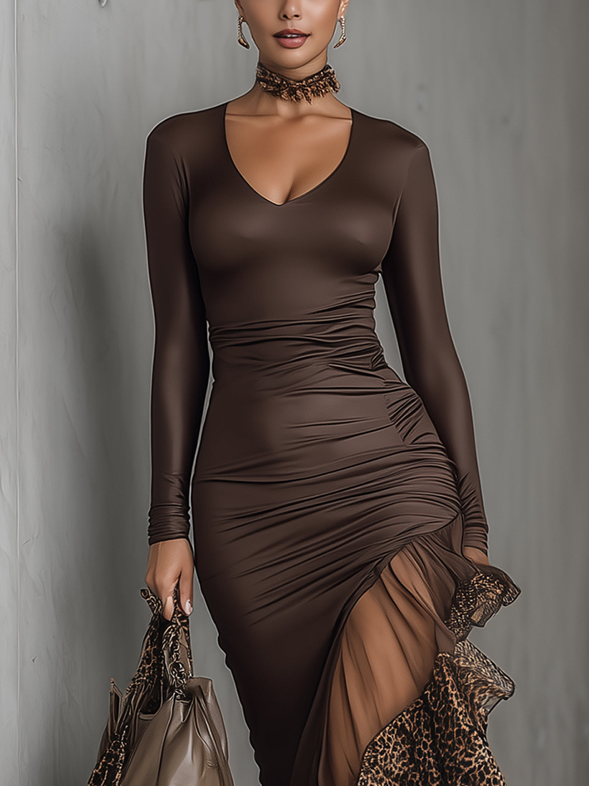 Brown Long Sleeve Mesh Patchwork Bodycon Dress With Leopard Ruffle Hem