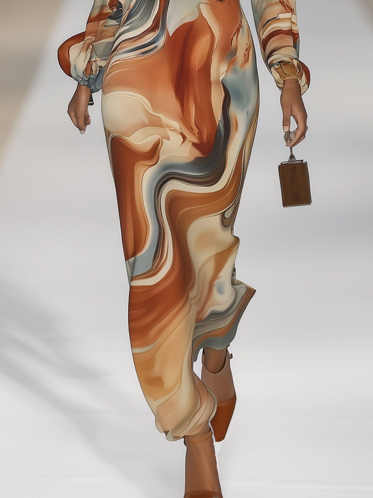 Colorful Marbled Satin Waist Twist High Neck Long Sleeve Maxi Dress