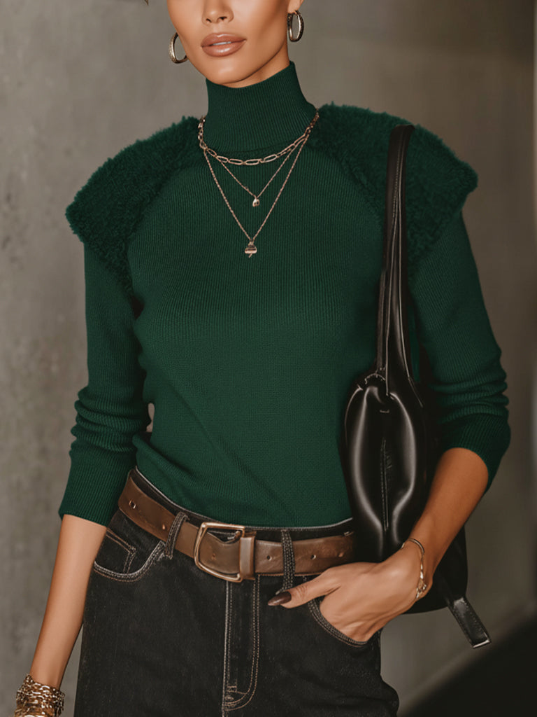 Emerald Green Turtleneck With Fuzzy Sleeve Sweater