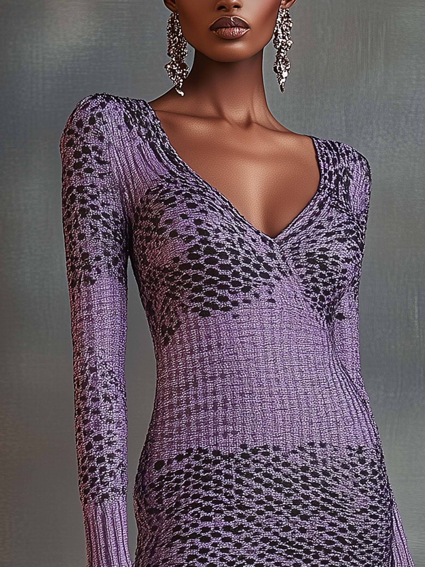 Purple Knitted Mini Dress With Black Gradient Snakeskin Print