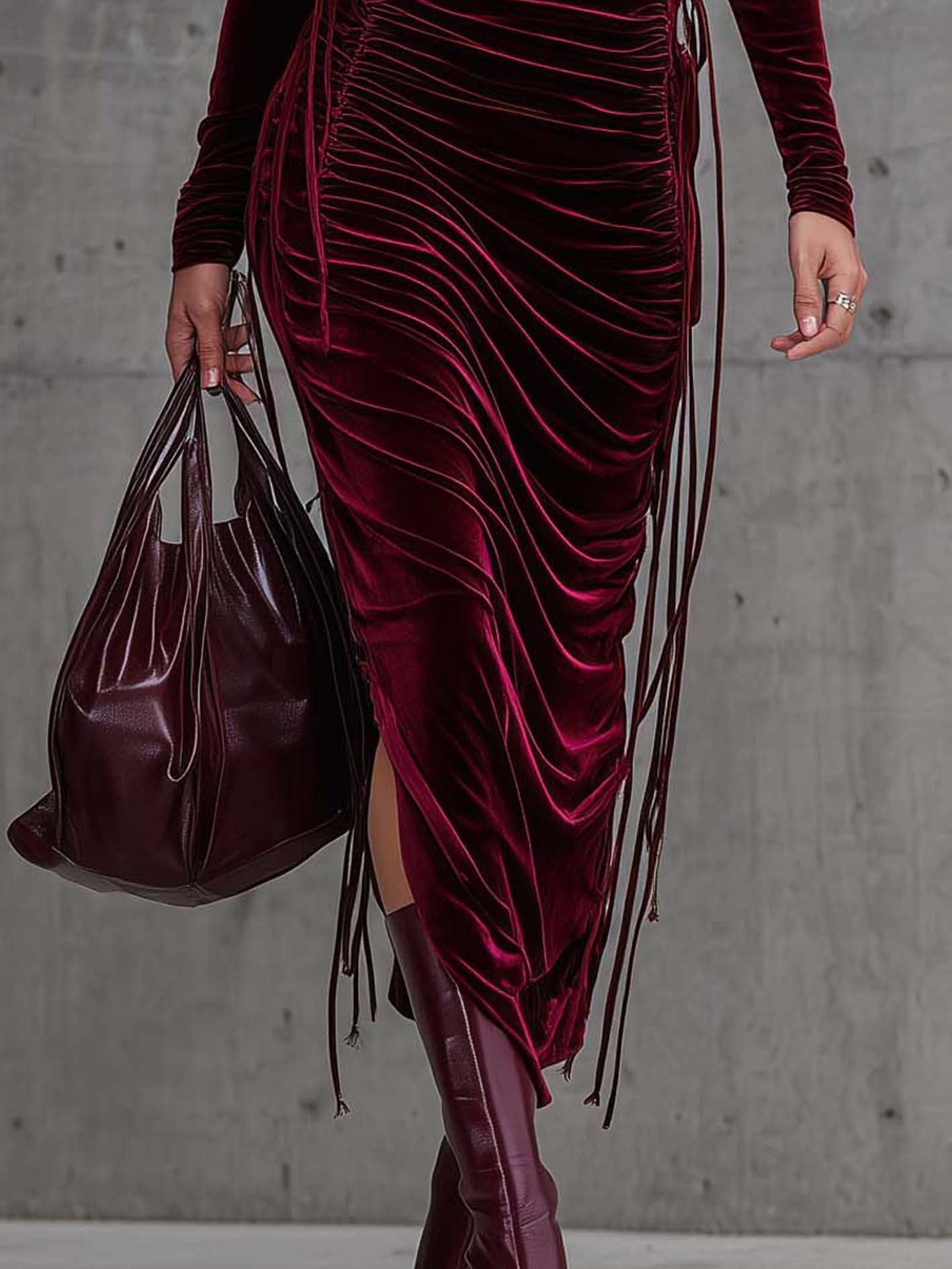 Burgundy Velvet Bodycon Dress With Pleats And Drawstring