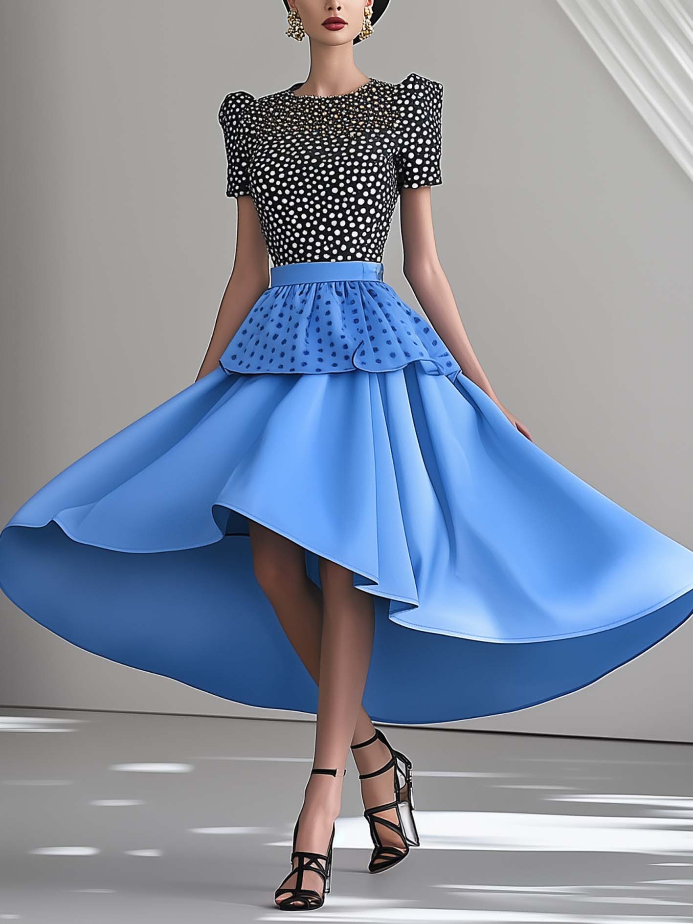 Polka Dot Satin Blue Midi Dress