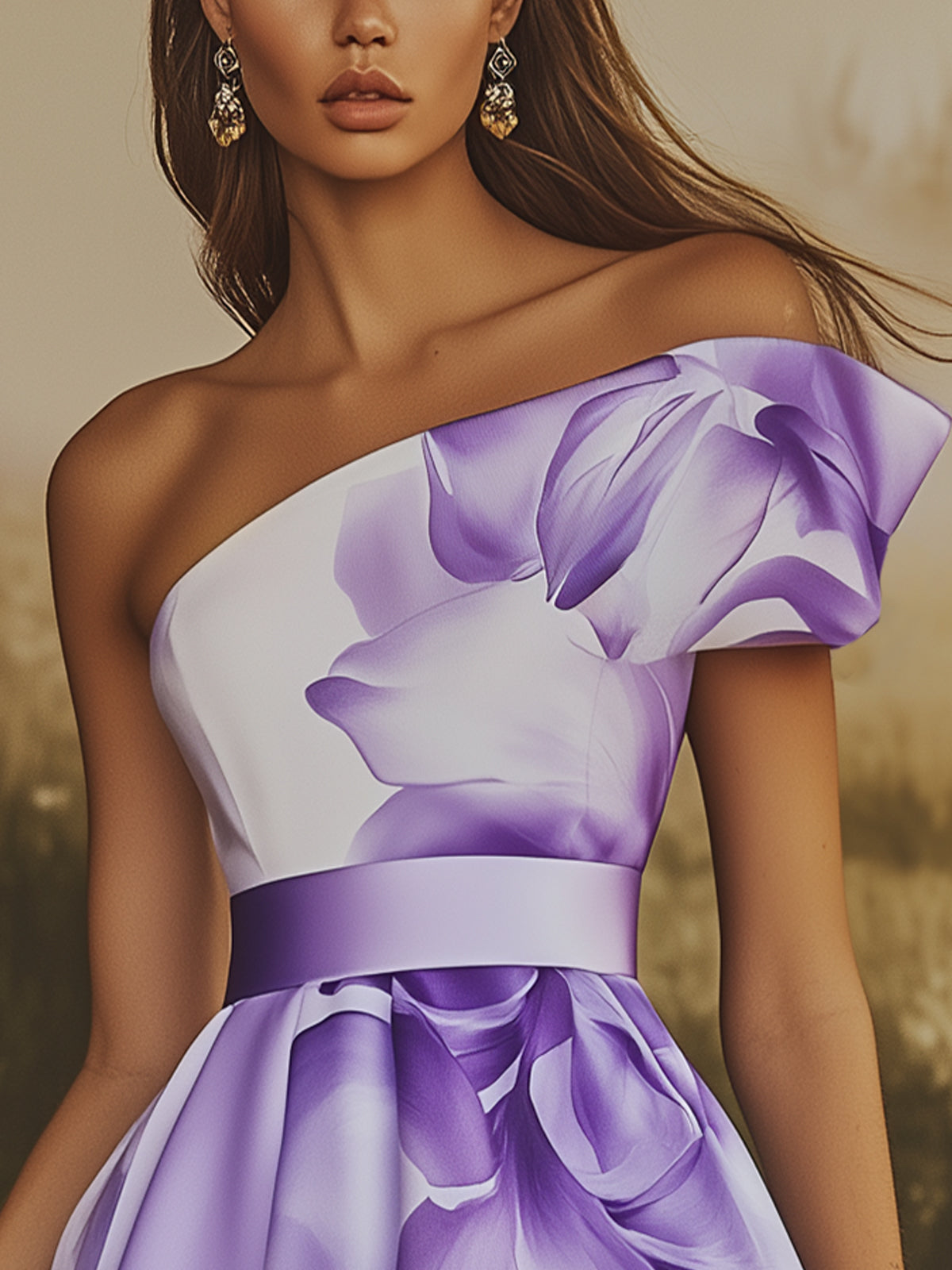 One Shoulder Floral Print Satin Mini Dress With Asymmetrical Hem