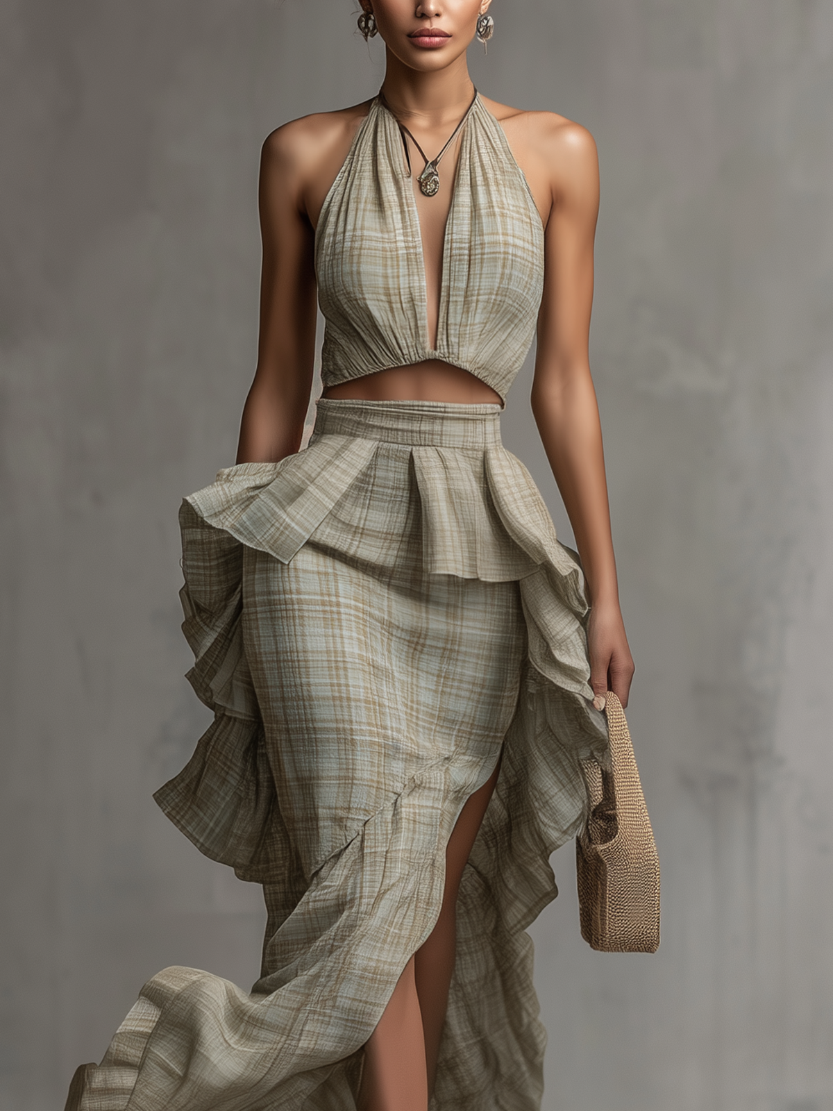 Green Plaid Ruffled Halter Maxi Dress
