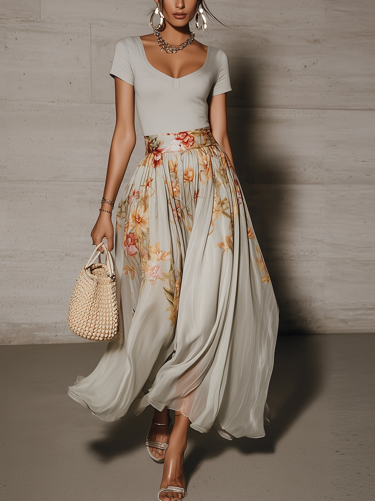 Gray Floral High-Waist Pleated Maxi Skirt & Fitted Scoop Neck Top Set