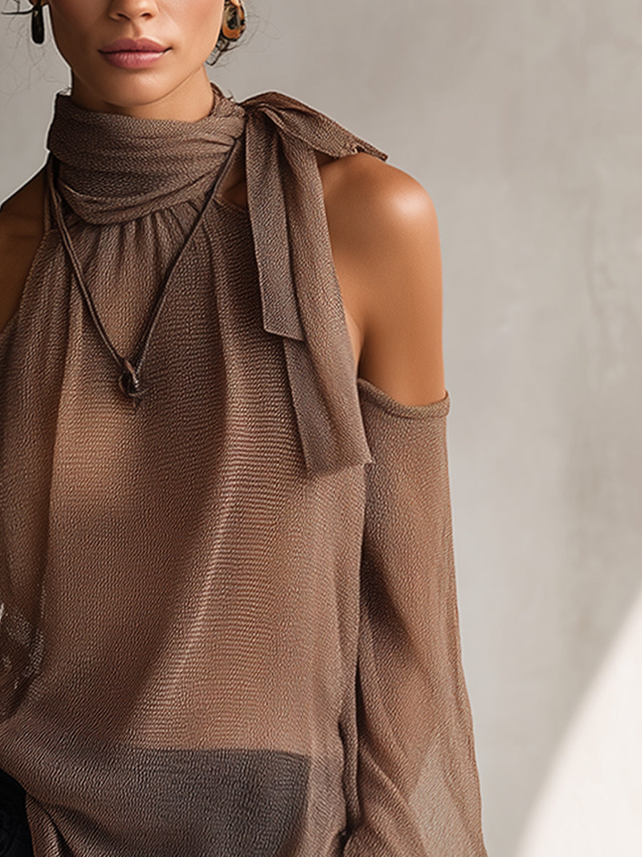 Nude Thin Knit Off Shoulder Loose Knit Blouse