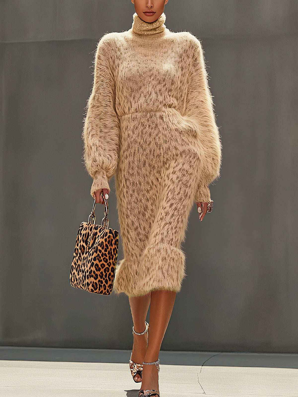 Beige Animal Print Knit Midi Dress
