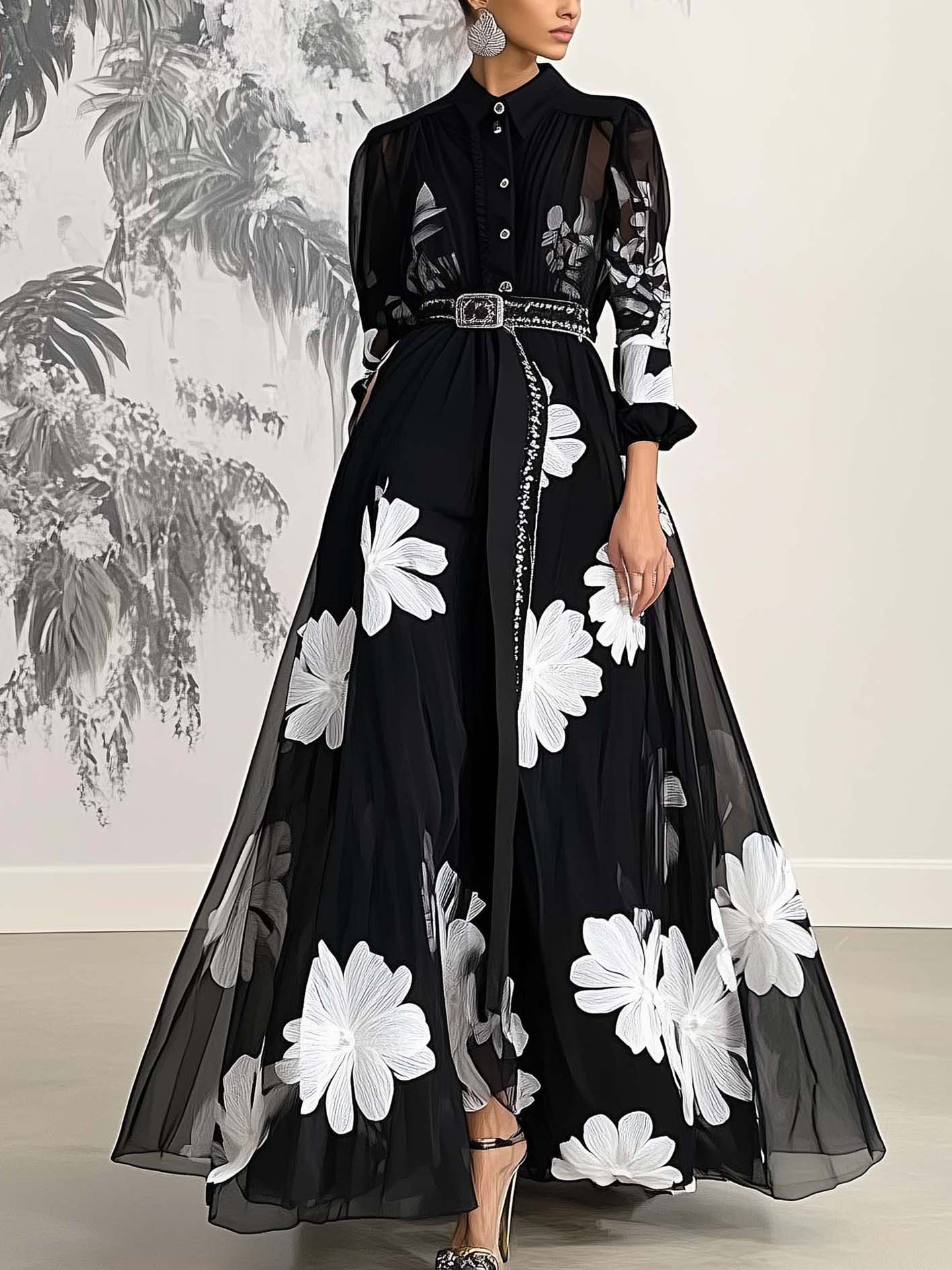 Black Tencel Chiffon Maxi Dress With Belt And White Flowers