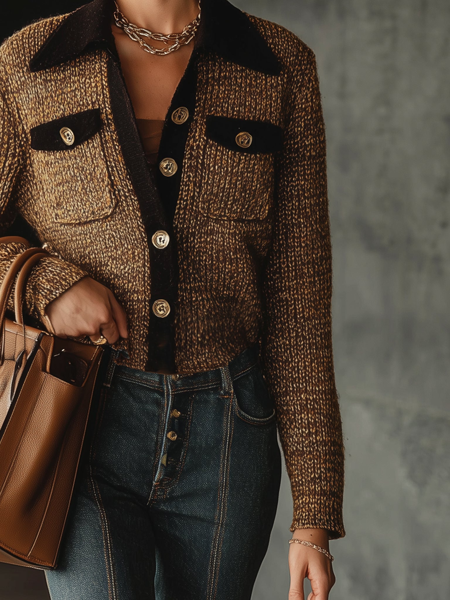 Mocha Tweed Button Up Knit Cardigan