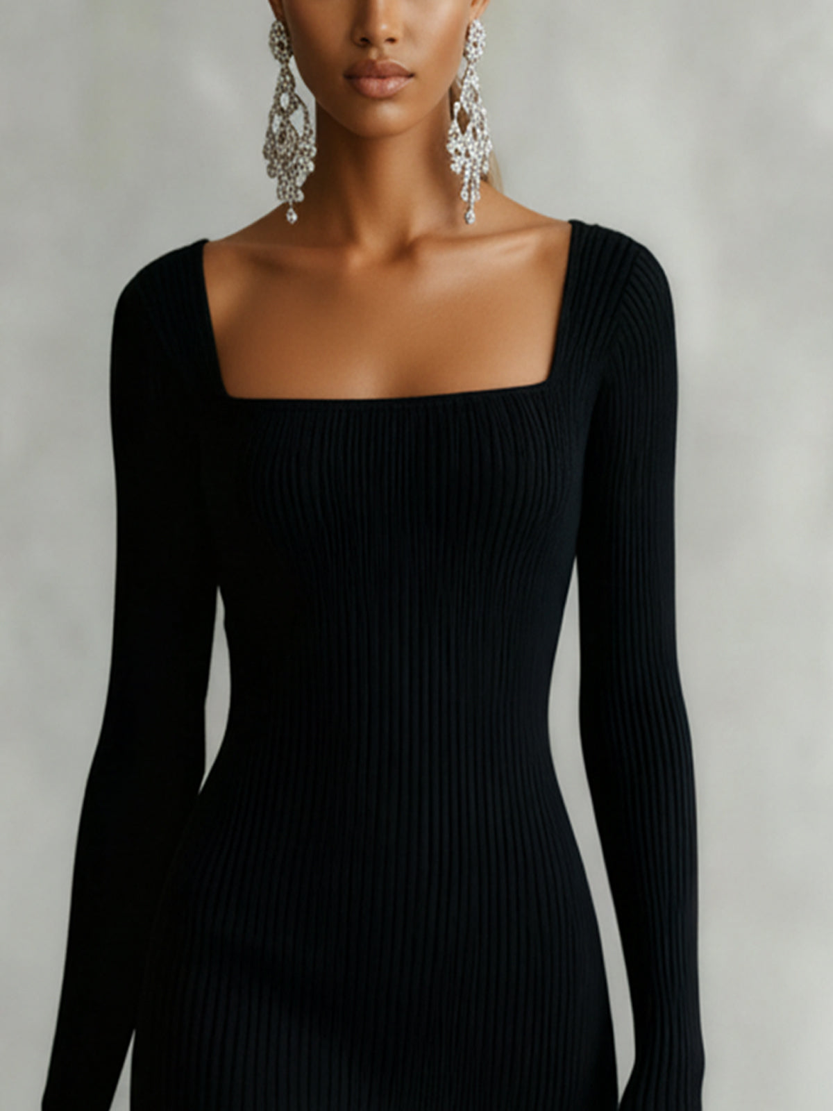 Black Ribbed Square Neck Dress With White Lace Trim