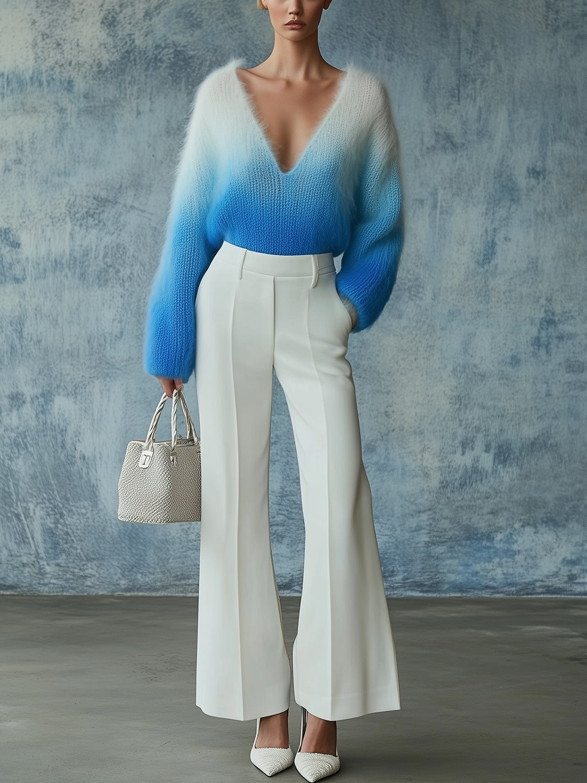 Blue V-Neck Fluffy Knit Sweater