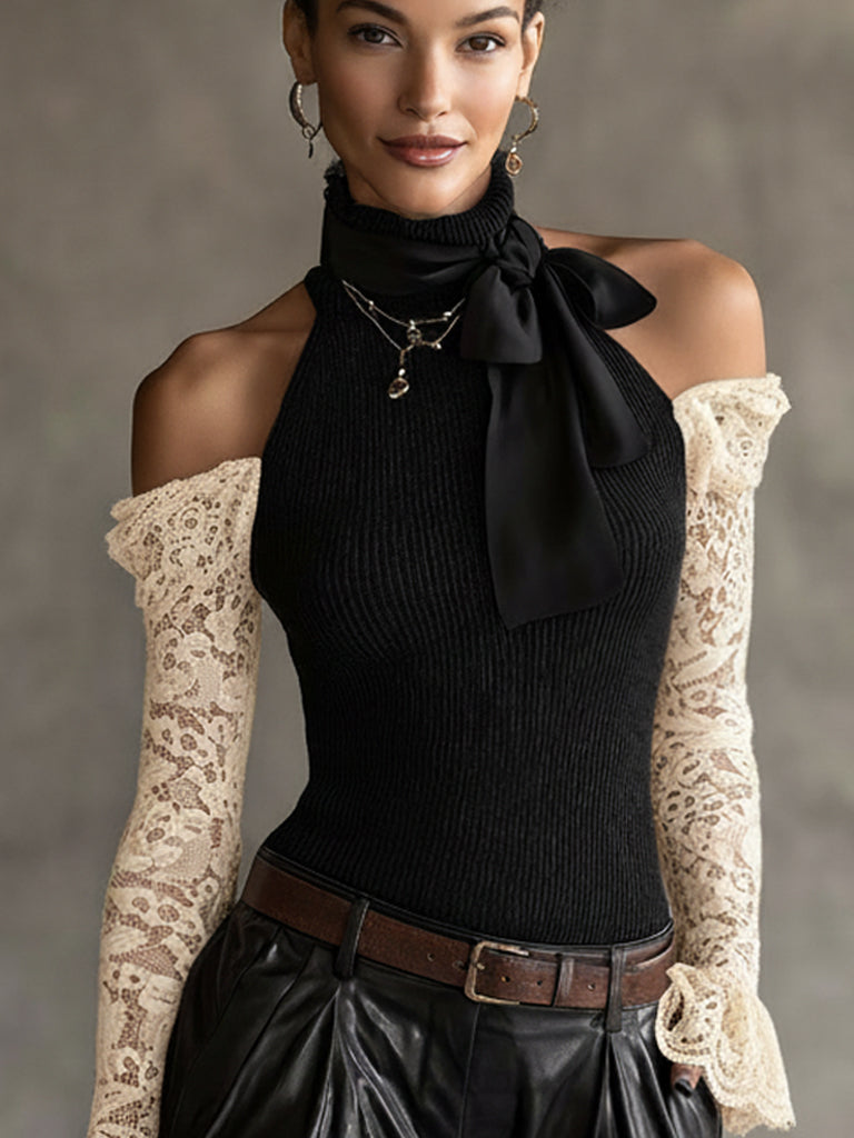 Black Knit Off Shoulder Top With White Lace Sleeves