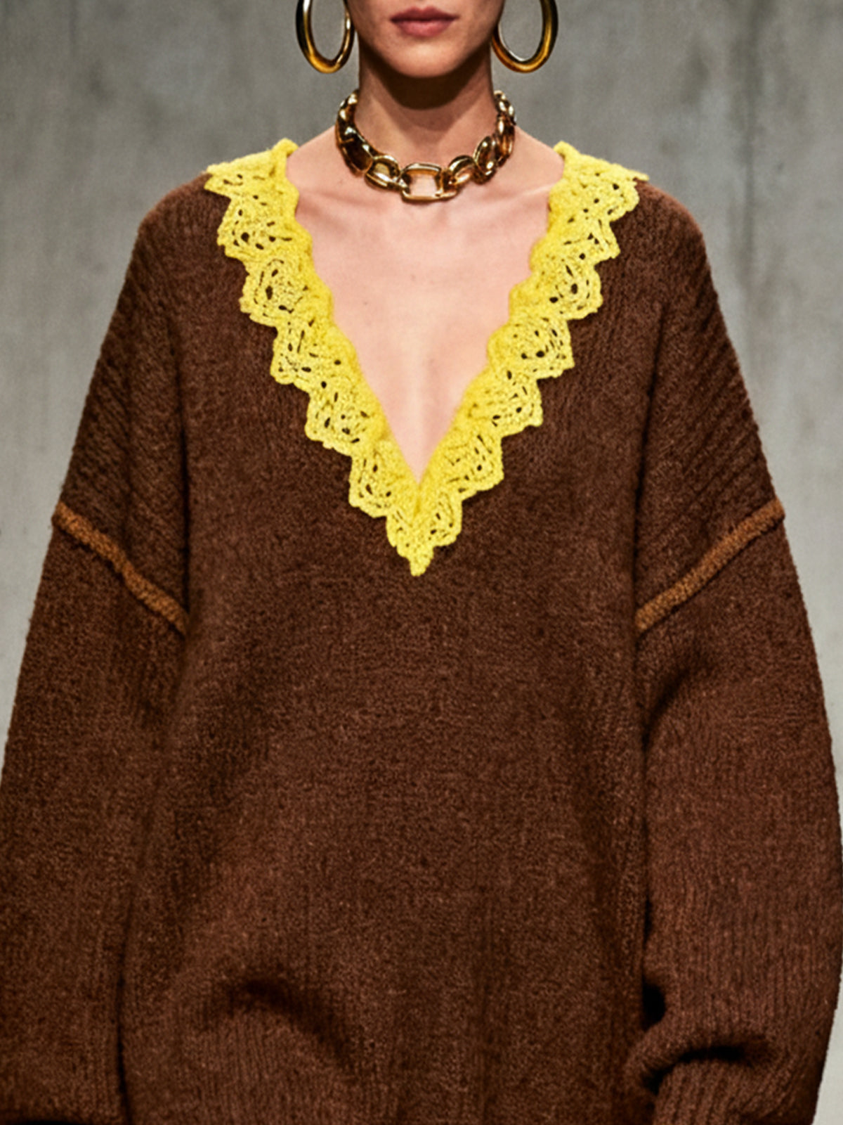 Brown Knitted V-Neck Dress With Contrasting Lace Detailing