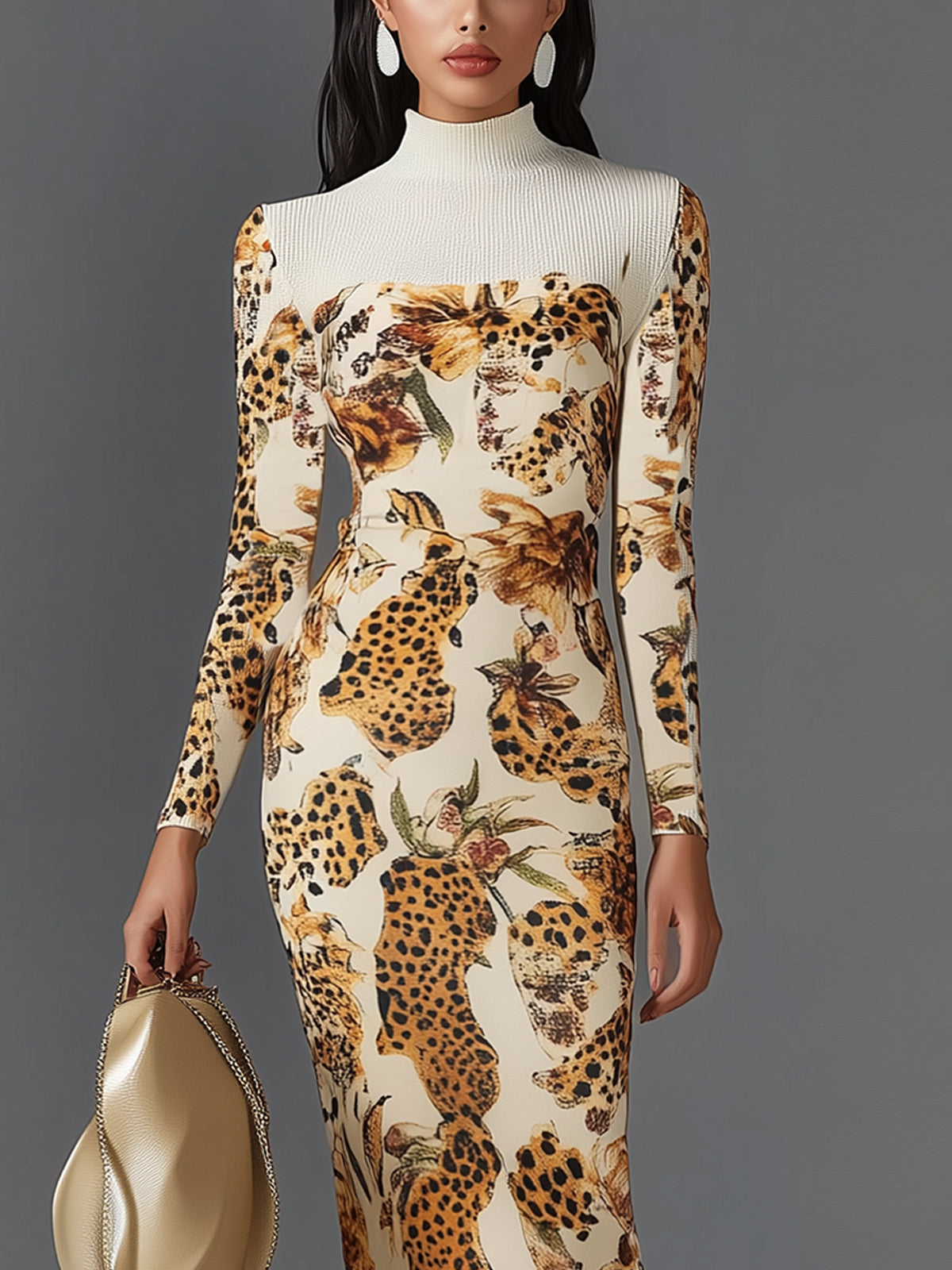 Floral And Leopard Print Maxi Dress With Ribbed Turtleneck