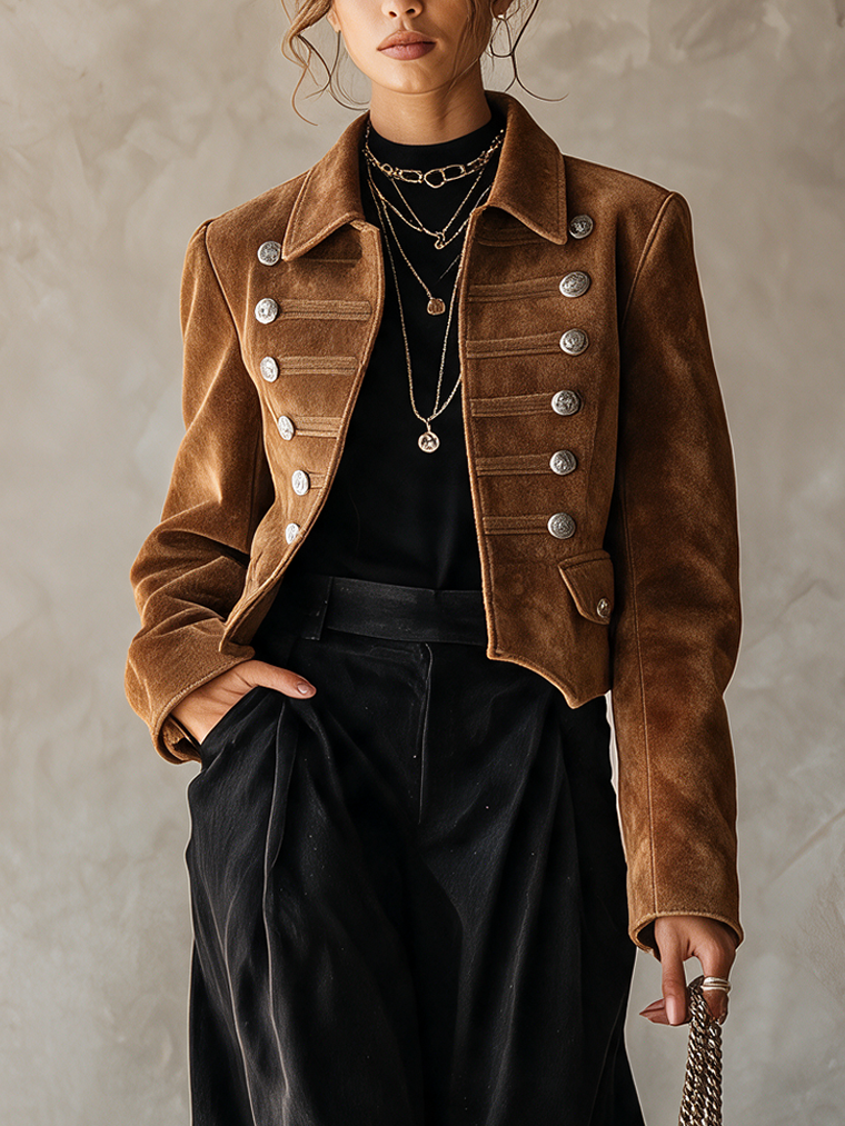 Cognac Brown Suede Military Jacket