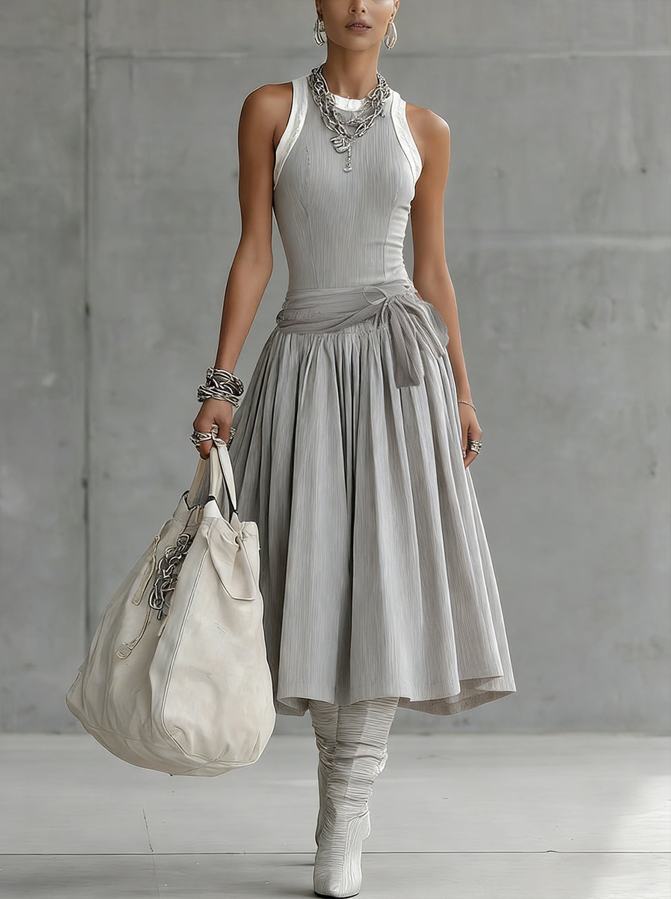 Gray Ribbed Tank Bodice Draped Midi Dress