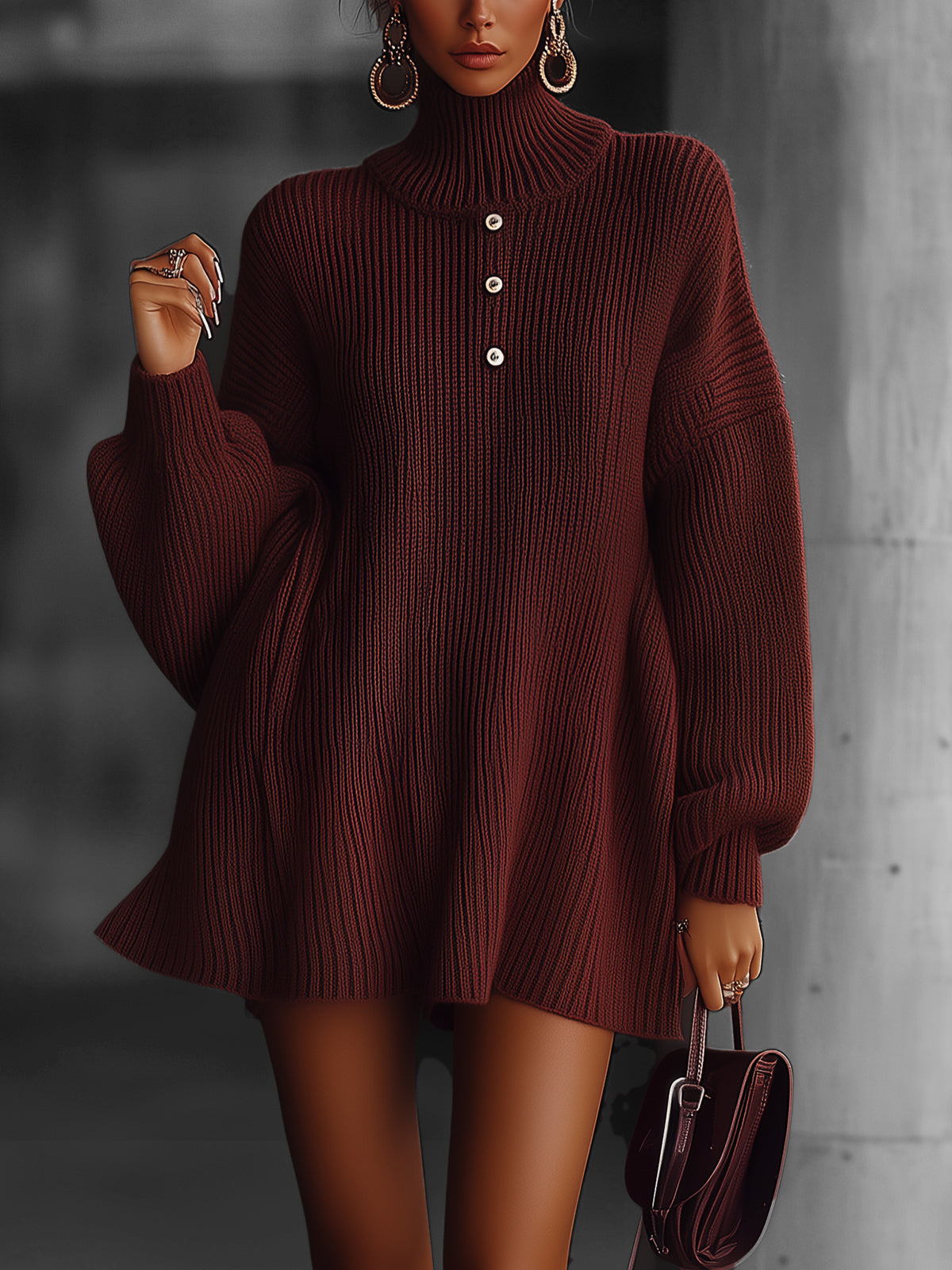 Claret Oversized Ribbed Knit Sweater Dress With Button Detail